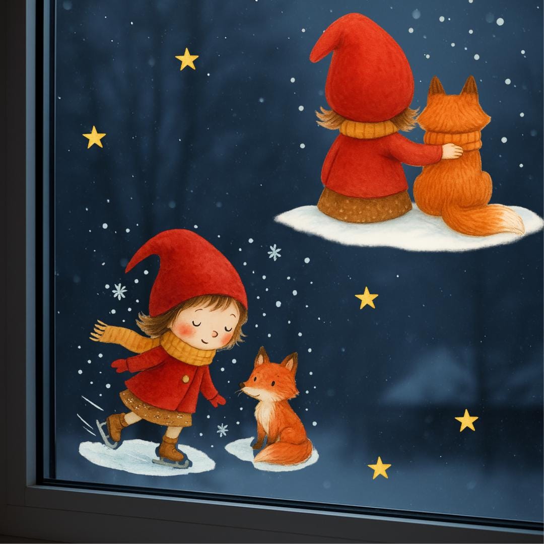 Weihnachtsdeko Fenster – Fensterbild Wichtel mit Fuchs & Tannenbaum – Advent Fenstersticker Sterne – Winter Fensterdeko wiederverwendbar –
