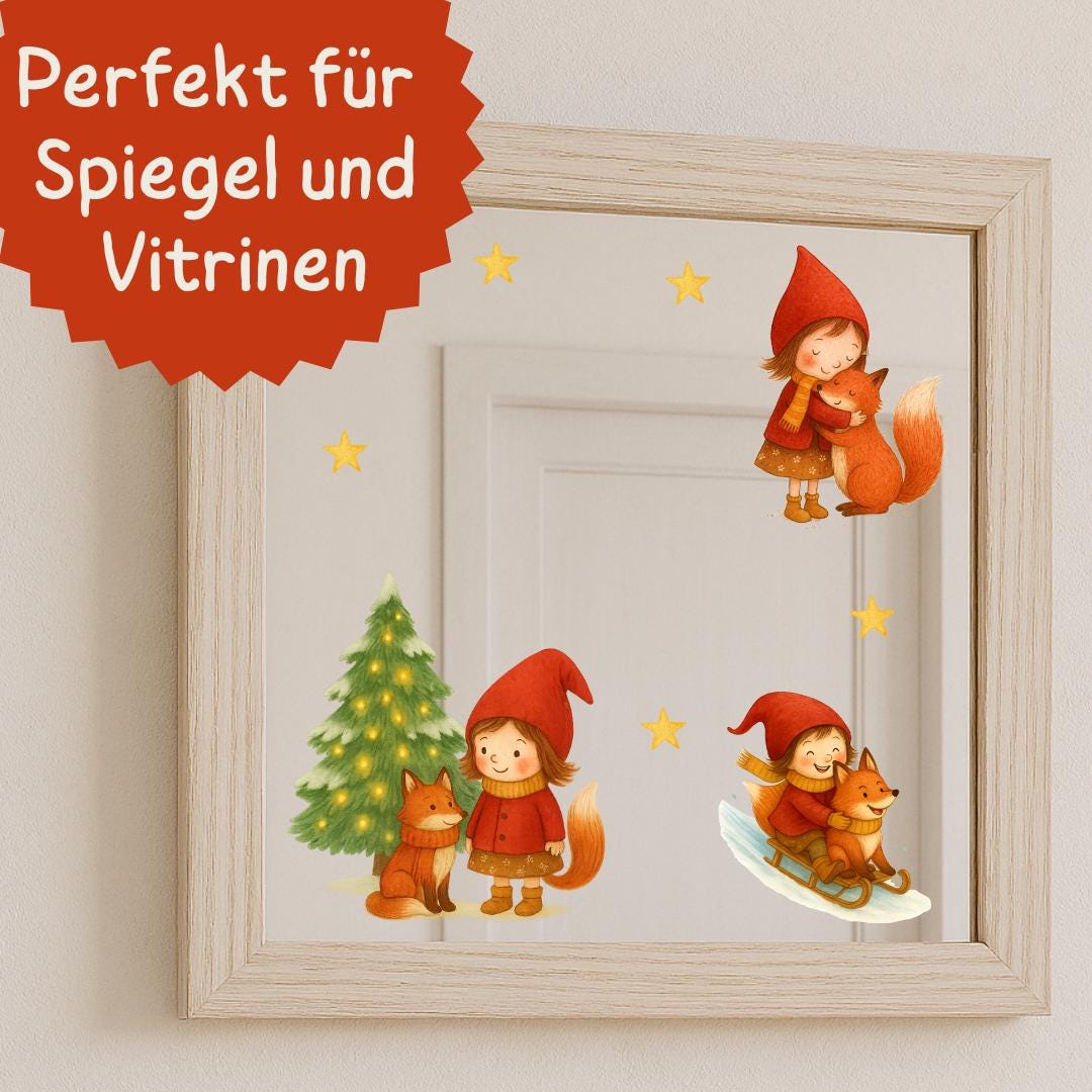 Weihnachtsdeko Fenster – Fensterbild Wichtel mit Fuchs & Tannenbaum – Advent Fenstersticker Sterne – Winter Fensterdeko wiederverwendbar –