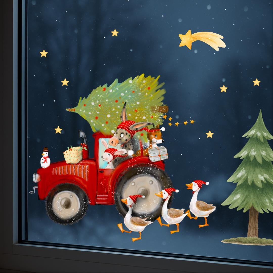 Fensterbild Weihnachten Traktor – Bauernhof Tiere mit Tannenbaum & Geschenken – Weihnachtsdeko Fenstersticker wiederverwendbar –