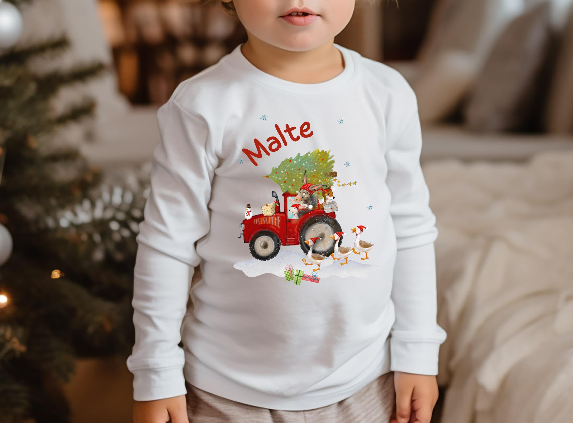 Langarmshirt Weihnachten Traktor - personalisiert mit Namen – roter Trecker mit Tieren & Geschenken – Weihnachtsshirt Bauernhof – T-shirts