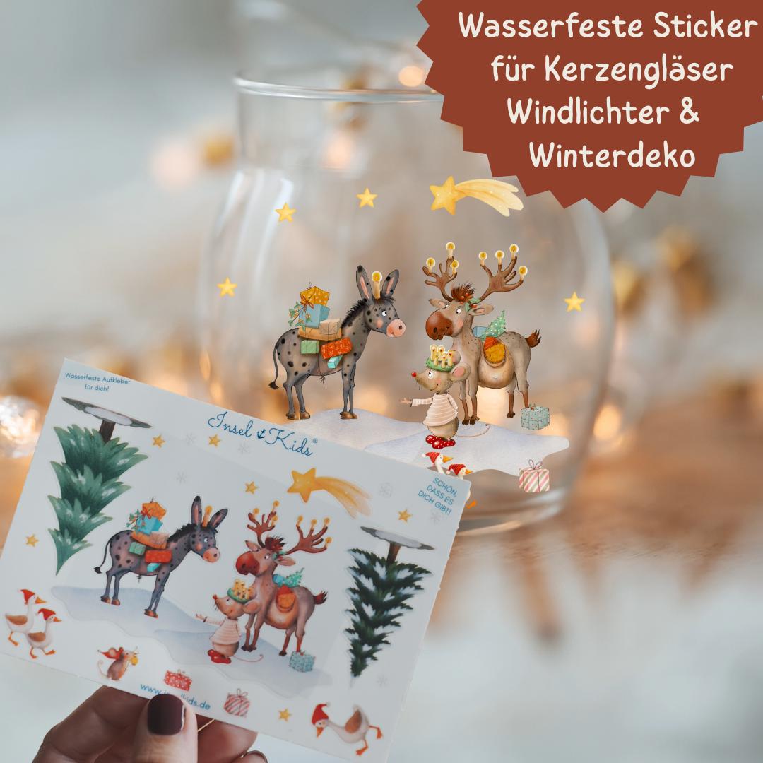 Wasserfeste Sticker Weihnachten - Dekosticker für Kerzengläser, Windlichtern Winterdeko – Aufkleber Glas mit Esel, Elch & Maus – Stickers
