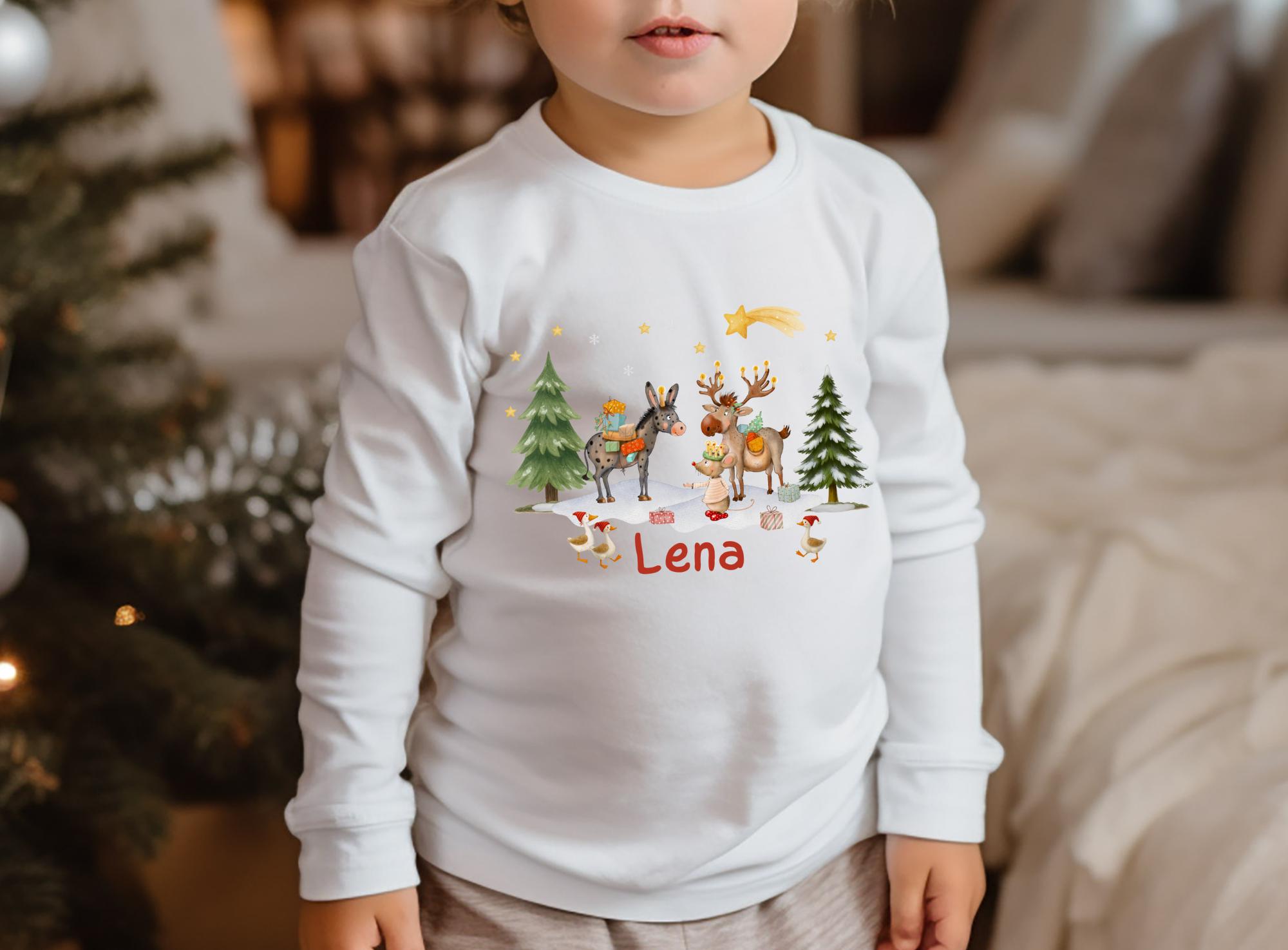 Weihnachtsshirt Tiere - personalisiert mit Namen – Langarmshirt Weihnachten Esel, Elch & Maus – Weihnachtskleidung – T-shirts