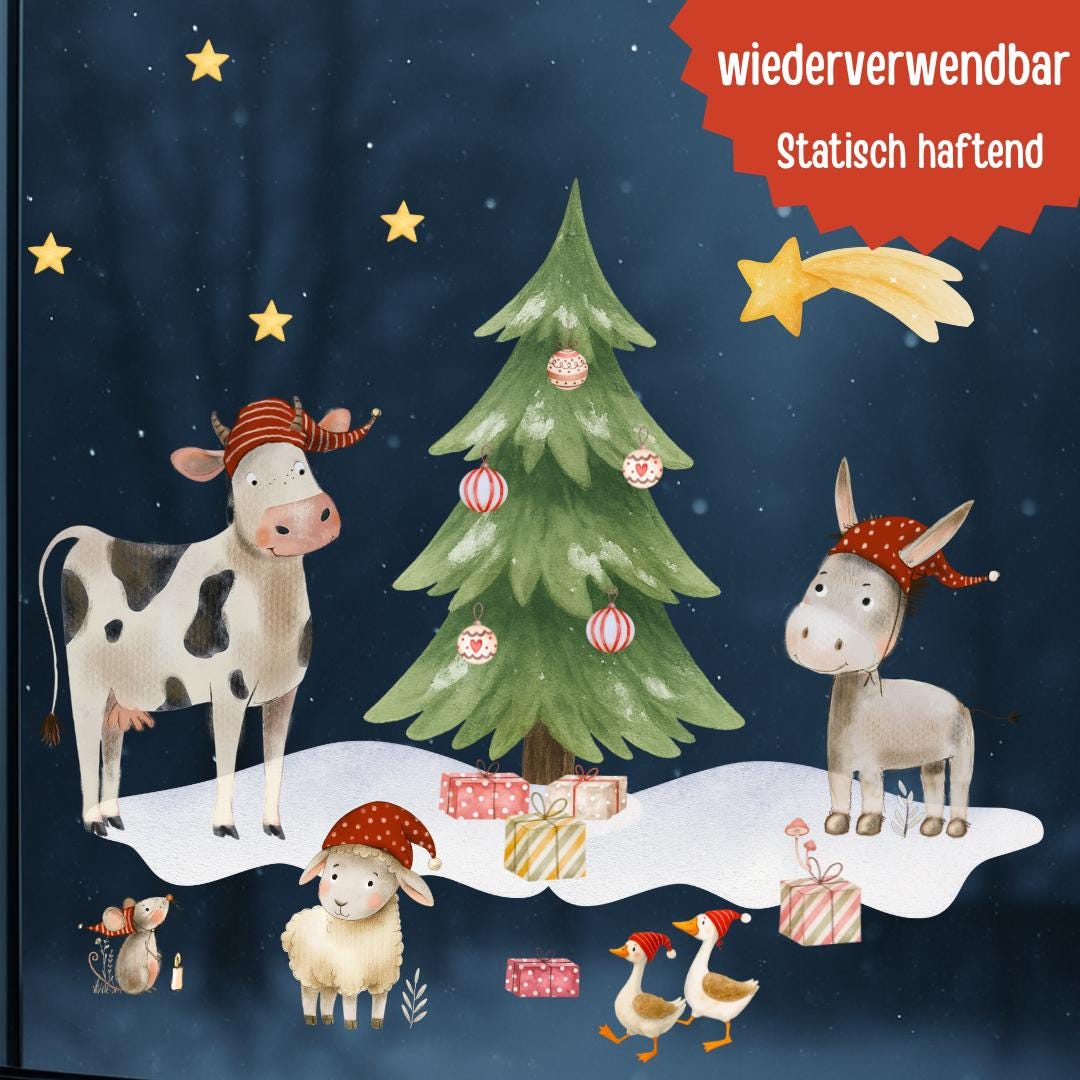 Fensterbild Weihnachten Bauernhoftiere – Kuh, Esel & Schaf mit Weihnachtsbaum – wiederverwendbare Weihnachtsdeko für Fenster und Advent –