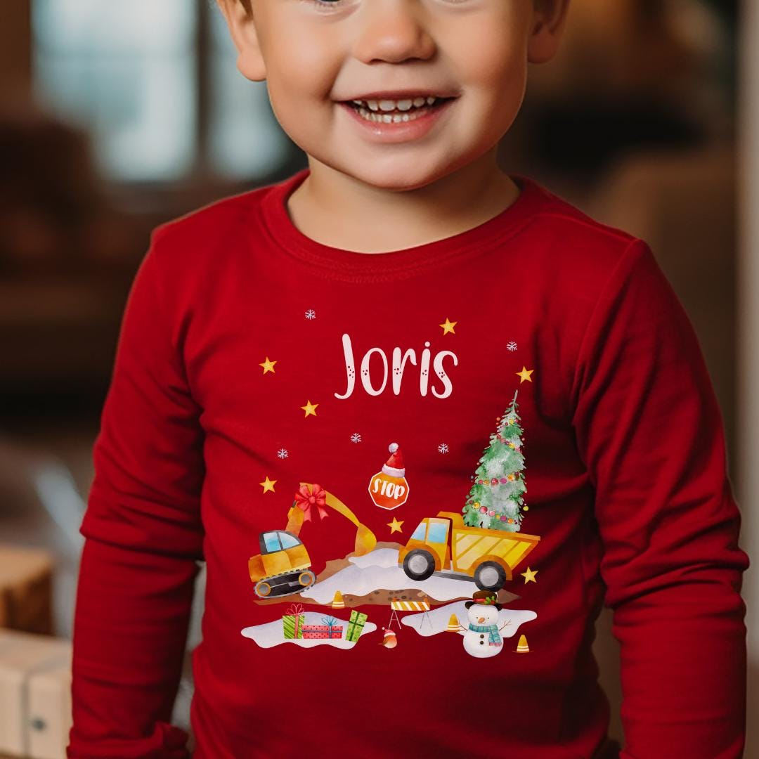 Weihnachtsshirt personalisiert – Baustellen Shirt mit Bagger & Radlader – Langarmshirt Weihnachten und – T-shirts
