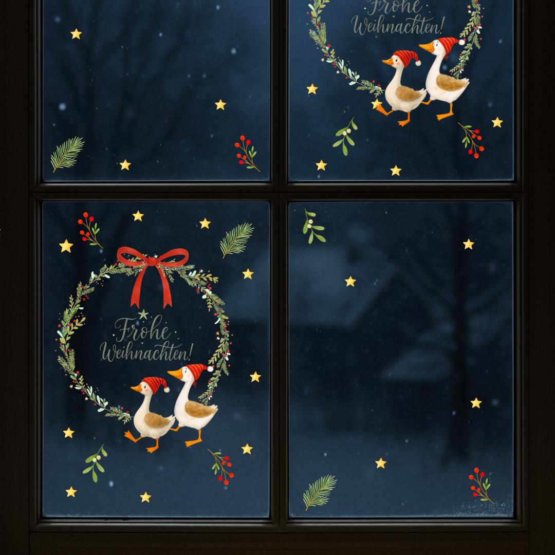 Fensterbild Weihnachten Kranz mit Gänsen – Frohe Weihnachten Motiv mit Sternen, Schleife und Zweigen – wiederverwendbare Weihnachtsdeko –