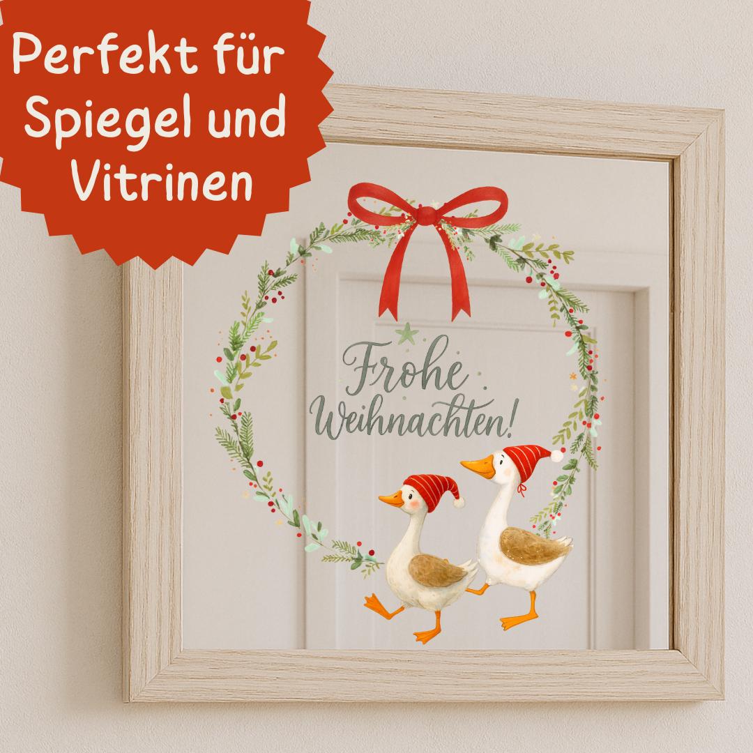 Fensterbild Weihnachten Kranz mit Gänsen – Frohe Weihnachten Motiv mit Sternen, Schleife und Zweigen – wiederverwendbare Weihnachtsdeko –