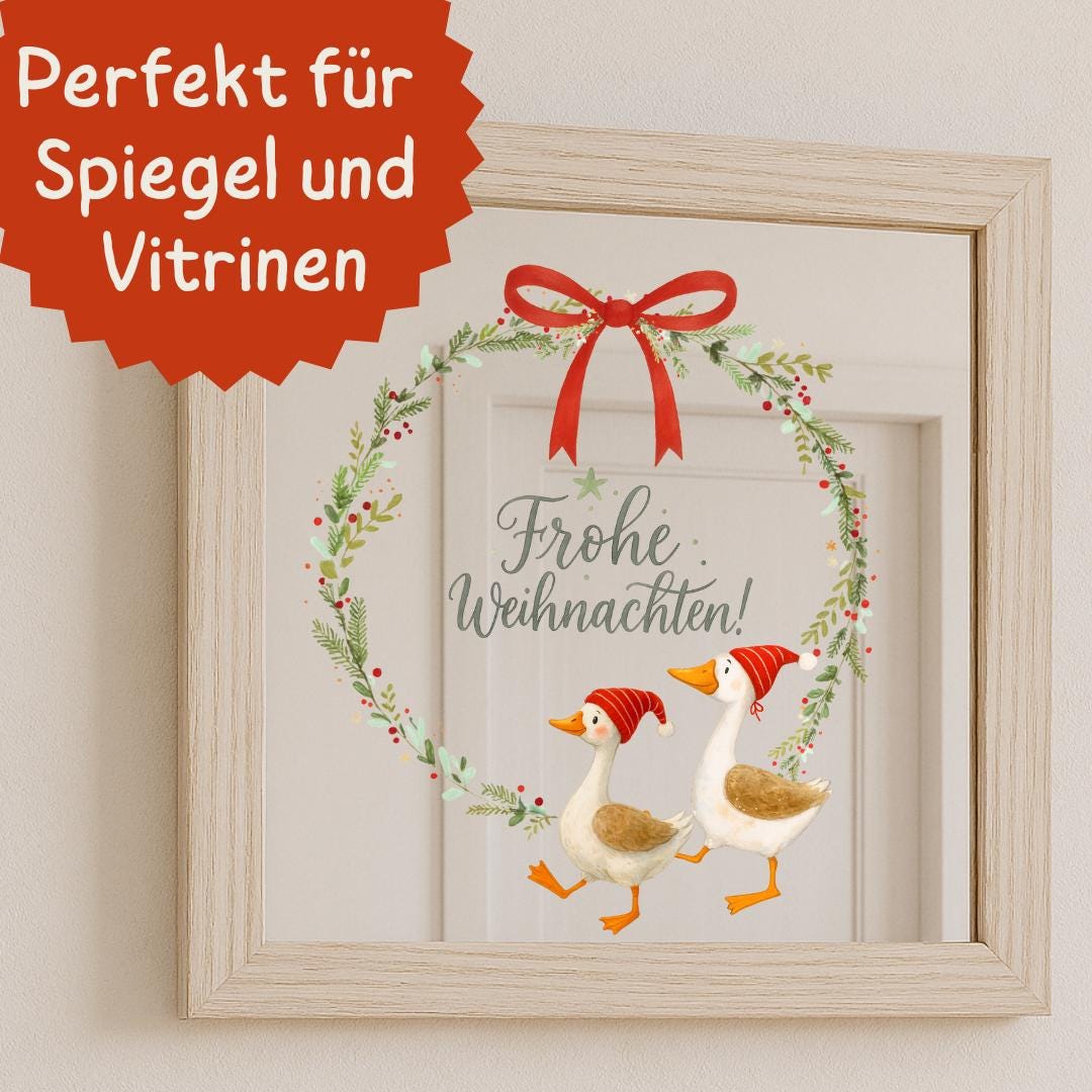 Fensterbild Weihnachten Kranz mit Gänsen – Frohe Weihnachten Motiv mit Sternen, Schleife und Zweigen – wiederverwendbare Weihnachtsdeko –