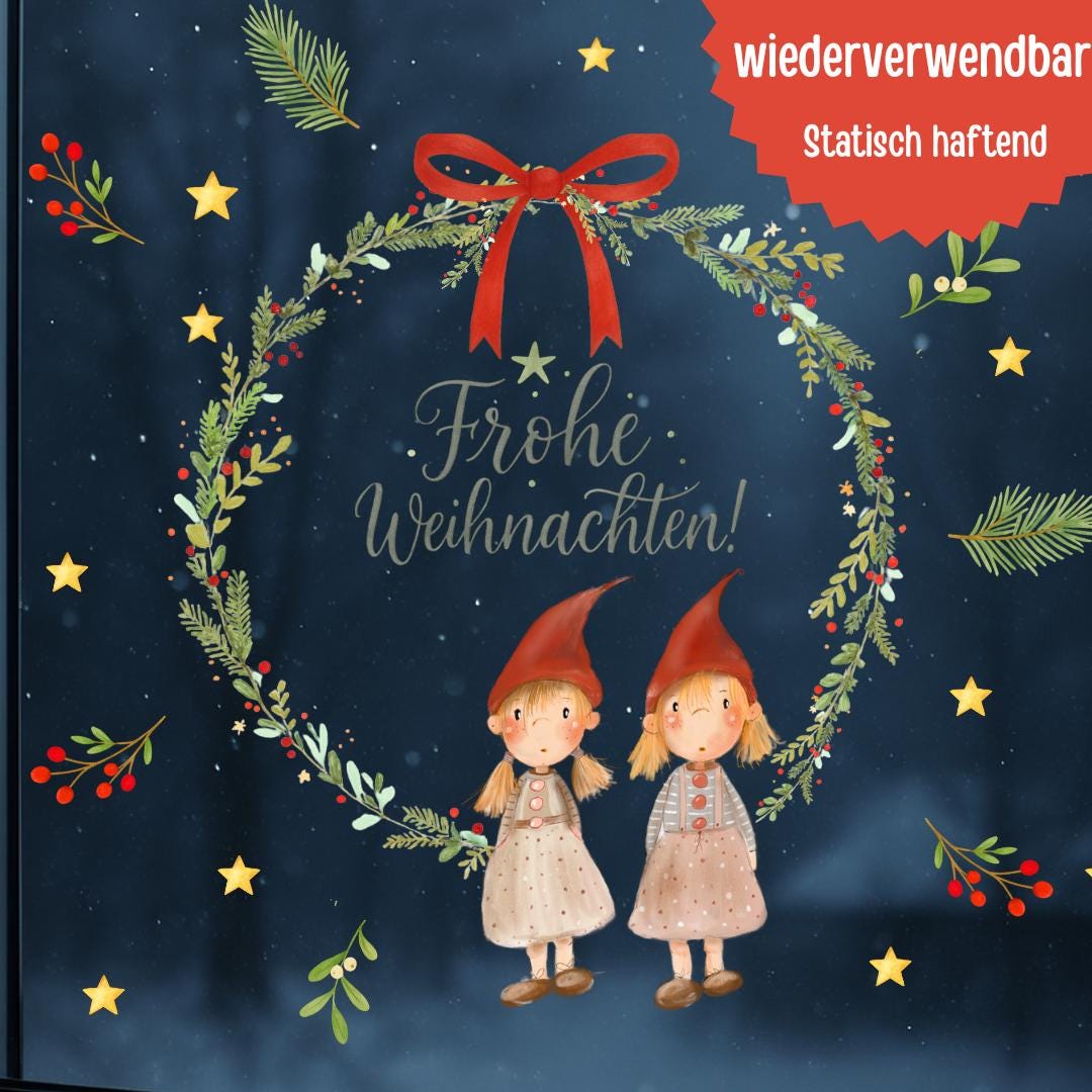 Fensterbild Weihnachten Wichtel – Weihnachtskranz mit Schriftzug „Frohe Weihnachten“ – Skandinavische Fensterdeko Winter Aquarell –