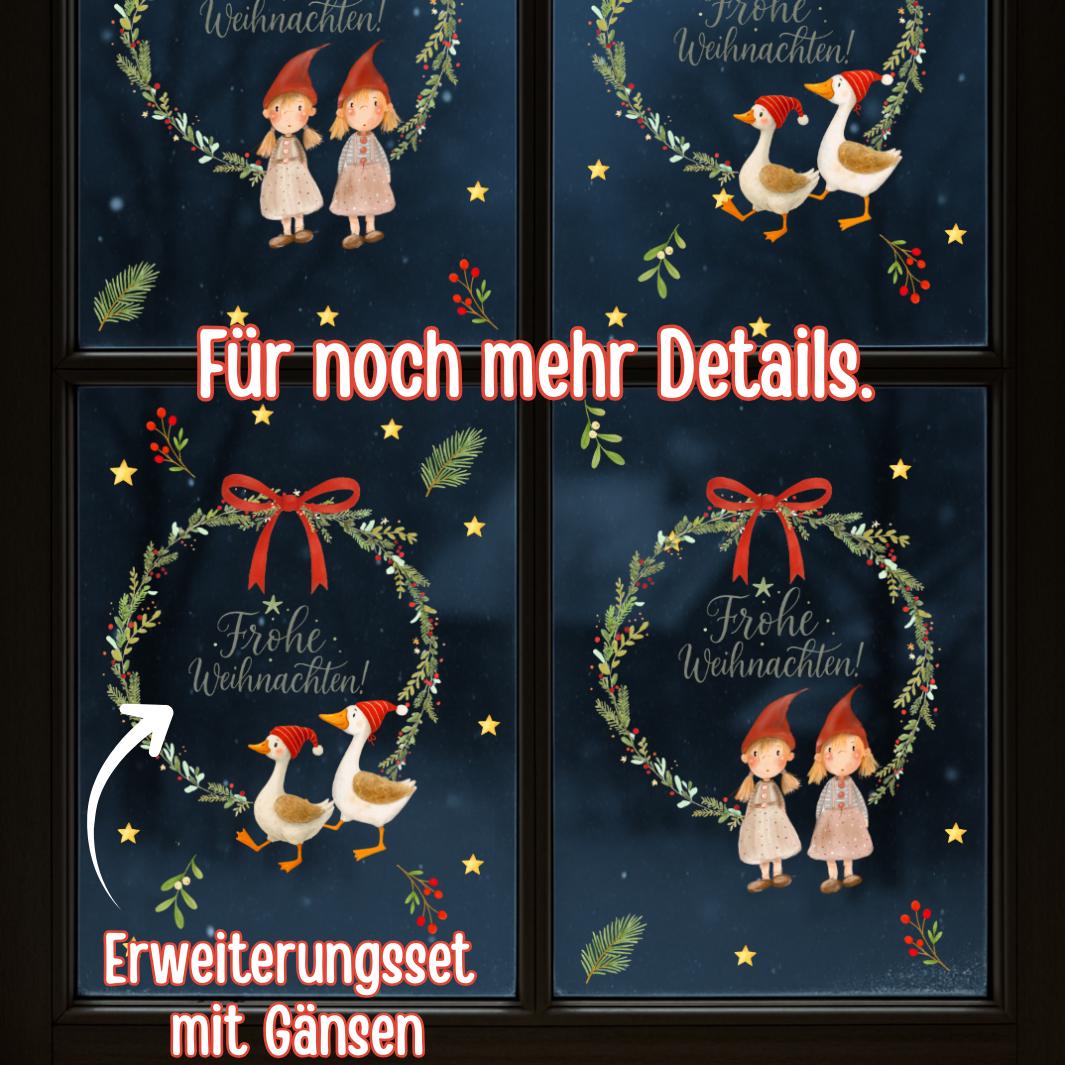 Fensterbild Weihnachten Wichtel – Weihnachtskranz mit Schriftzug „Frohe Weihnachten“ – Skandinavische Fensterdeko Winter Aquarell –