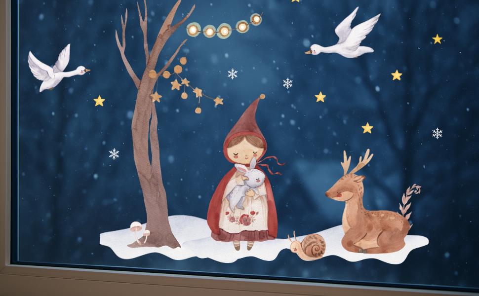 Fensterbild Weihnachten Märchen - statisch haftend & wiederverwendbar – märchenhafte Weihnachtsdeko Fenster mit Reh und Wintermotiv –