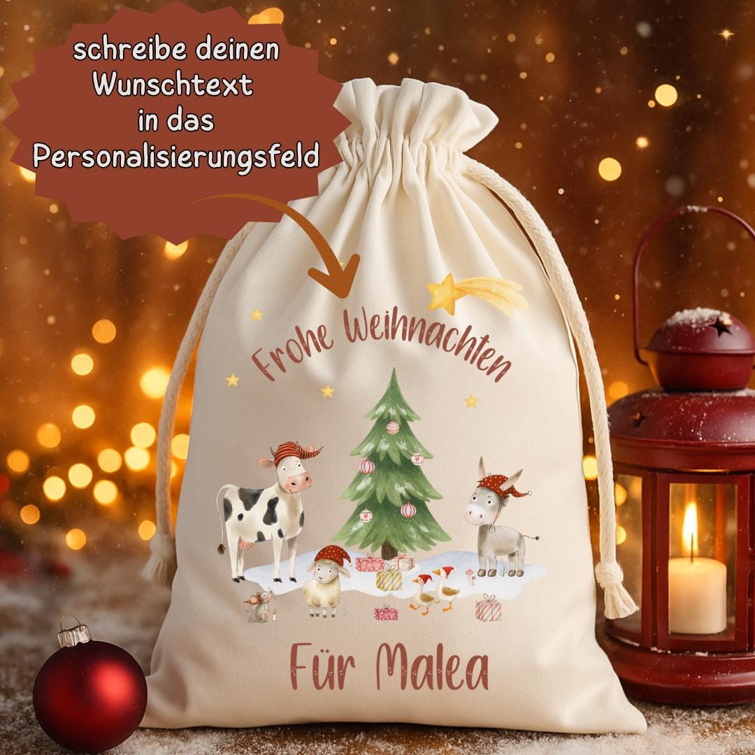 Geschenkbeutel Weihnachten personalisiert – Nikolaussack mit Name & Bauernhoftieren – Weihnachtsbeutel wiederverwendbar – Gift Wrapping