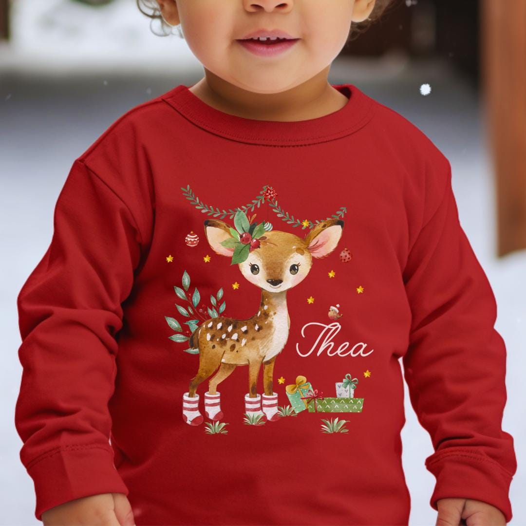 Bügelbild Weihnachten Reh – personalisiert mit Name - Waldtiere Motiv für Shirt & Pullover – Bügelmotiv A4 oder A5 – Patches