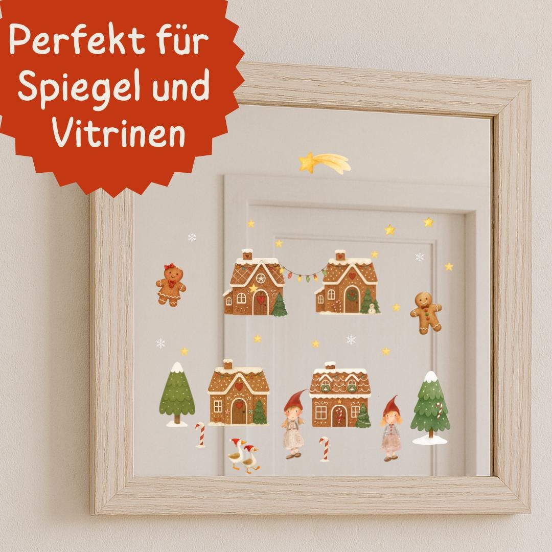 Fensterbild Weihnachten Lebkuchenhaus - Wichtel & Zuckerstangen – wiederverwendbare Fensterdeko Winter und Advent – statisch haftend –