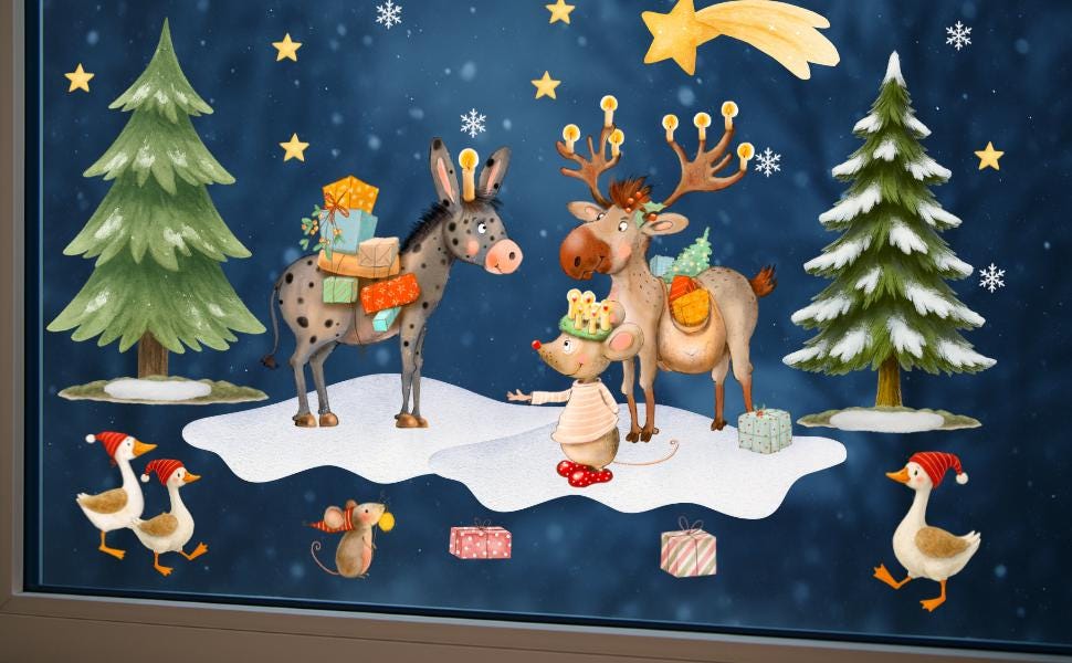 Fensterbild Weihnachten mit Rentier, Esel und Maus – Winterlandschaft mit Geschenken und Tannen – wiederverwendbare Weihnachtsdeko –