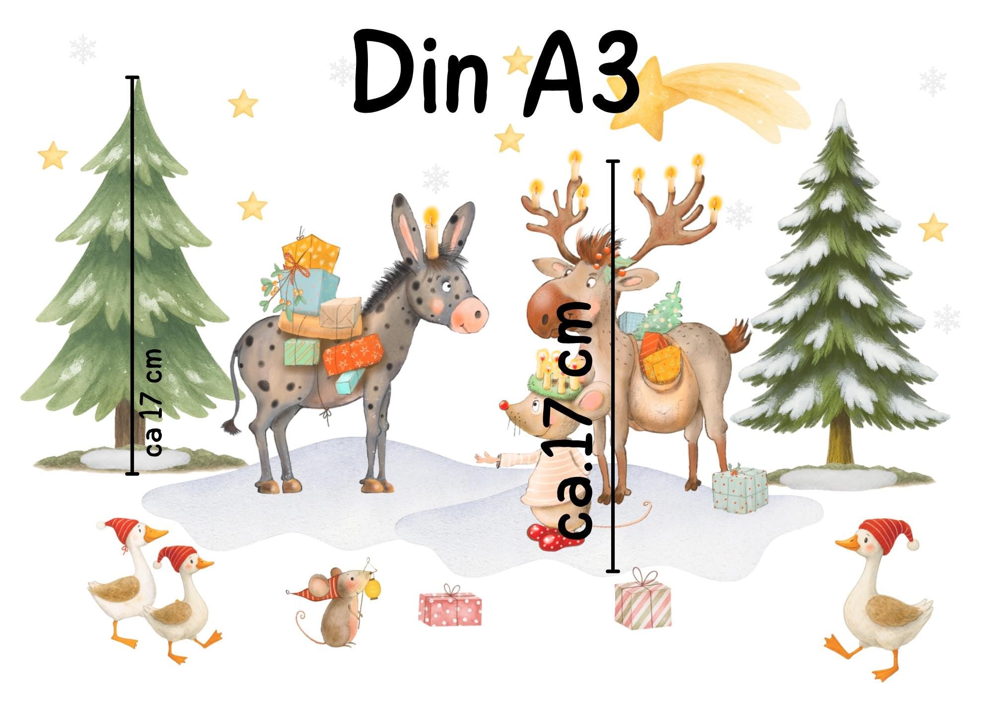 Fensterbild Weihnachten mit Rentier, Esel und Maus – Winterlandschaft mit Geschenken und Tannen – wiederverwendbare Weihnachtsdeko –