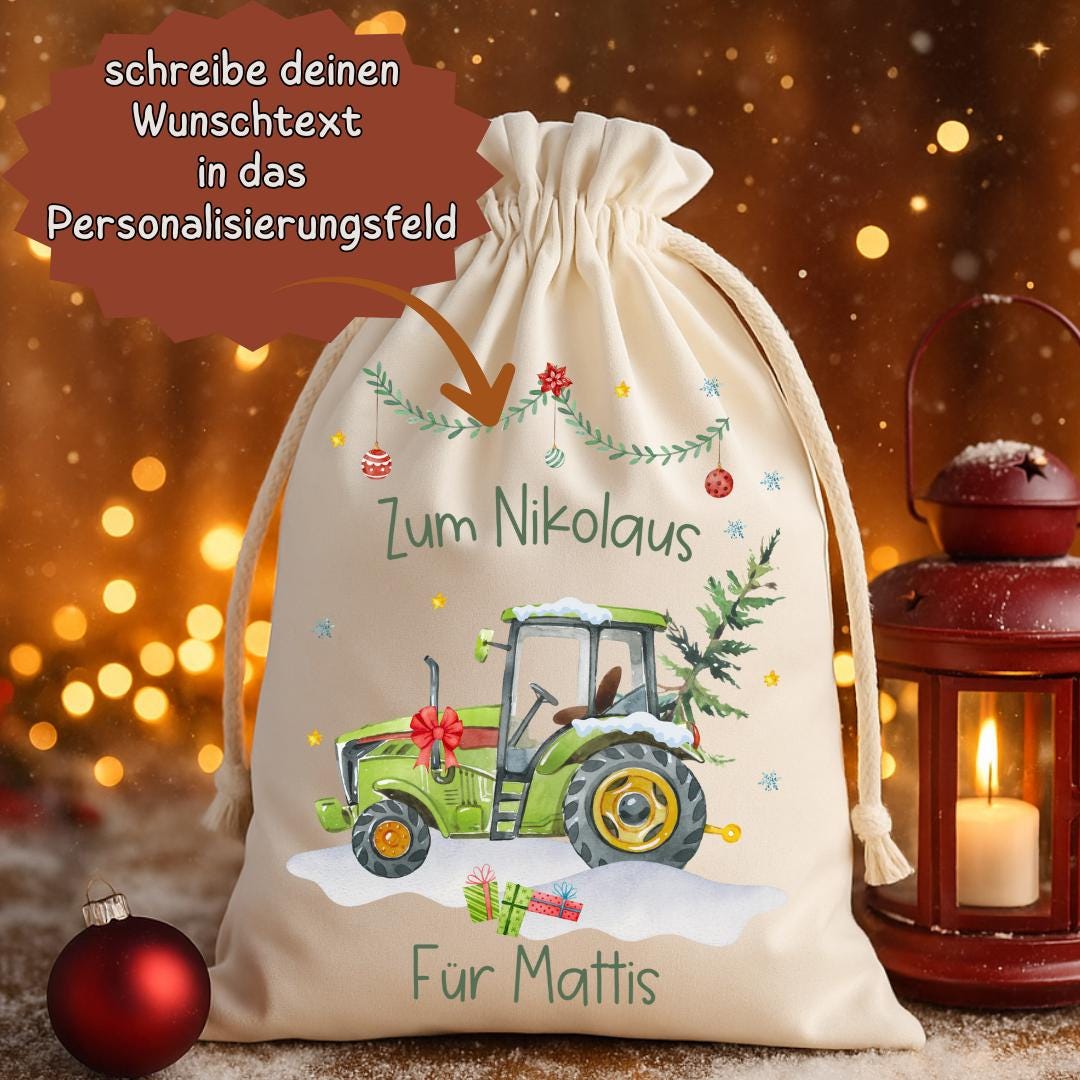 Geschenkbeutel Weihnachten personalisiert - Grüner Traktor mit Weihnachtsbaum – Nikolaussack & Geschenksäckchen mit Name für – Gift Wrapping