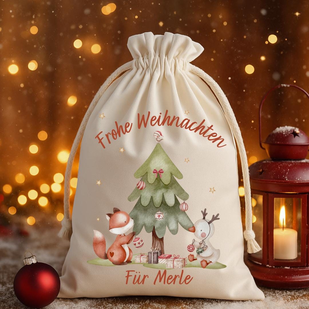 Geschenkbeutel Geschenkesäckchen personalisiert mit Name für Weihnachten vom Nikolaus Weihnachtsmann Schneemann Weihnachtsbaum – Gift Wrapping
