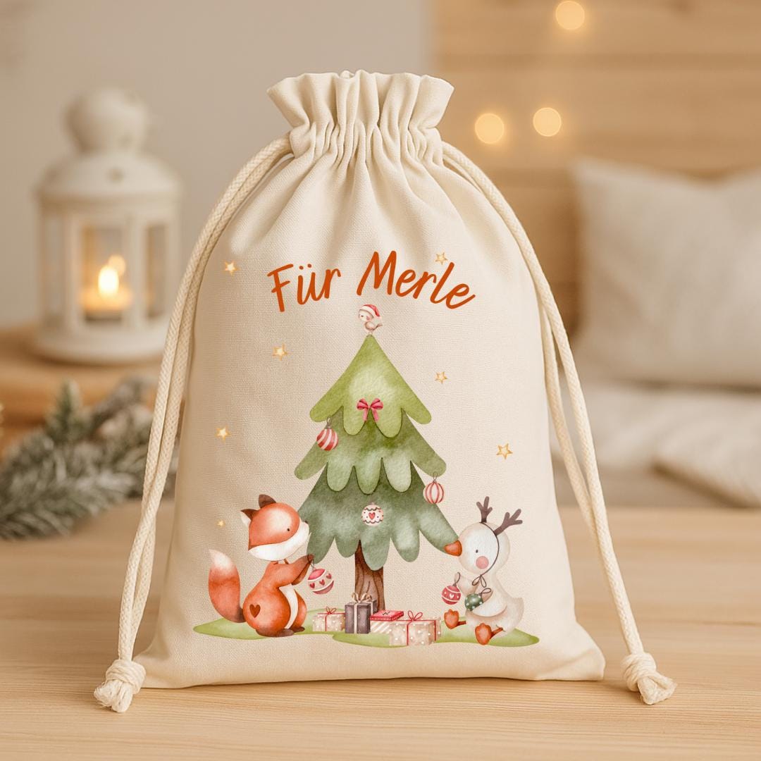 Geschenkbeutel Geschenkesäckchen Nikolaussack personalisiert mit Name für Weihnachten Geschenksäcken Nikolaus Fuchs Schneemann – Gift Wrapping