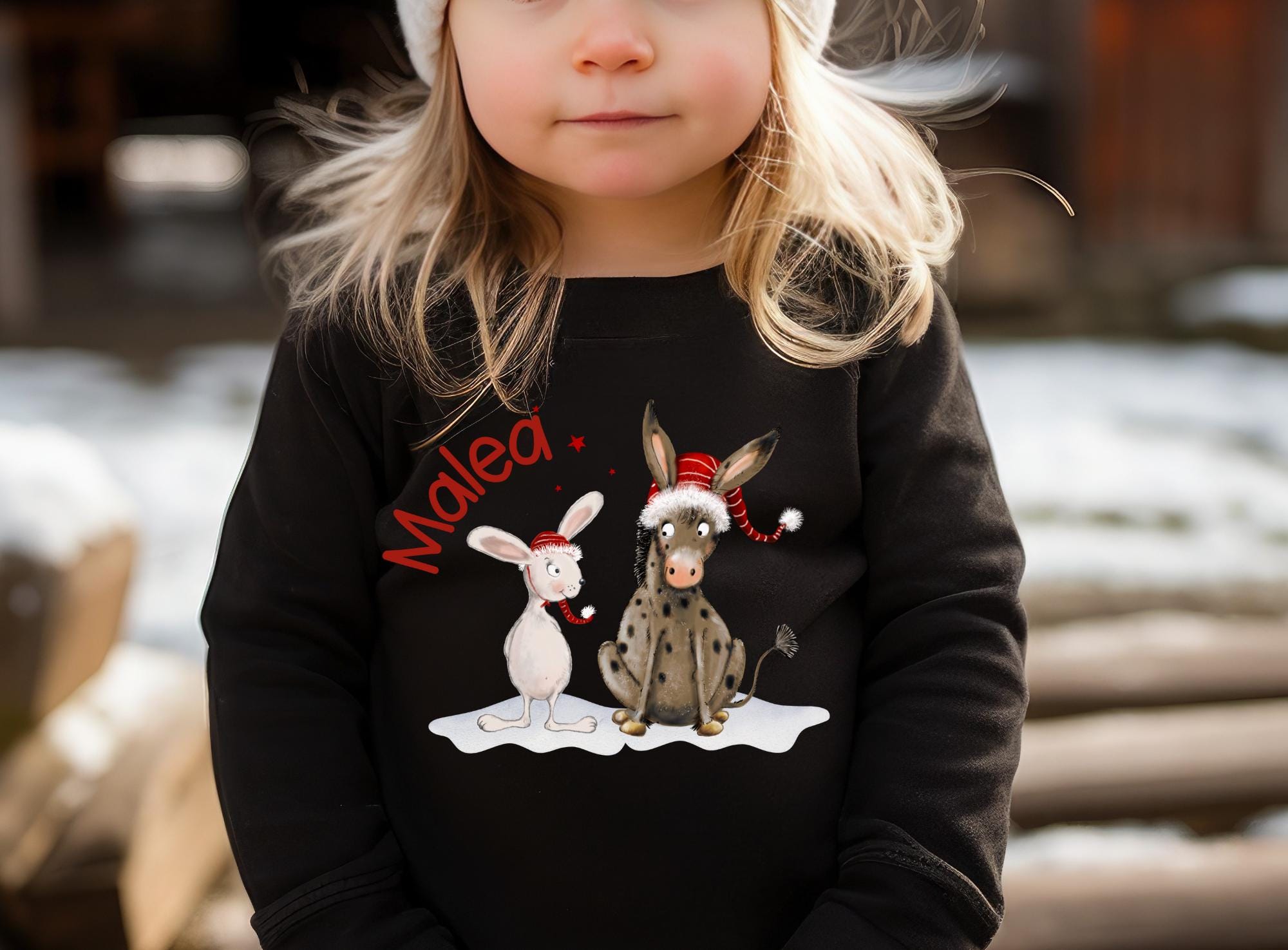 Weihnachtsshirt - Esel & Hase mit Weihnachtsmützen – personalisiert mit Name – Langarmshirt Weihnachten und – T-shirts