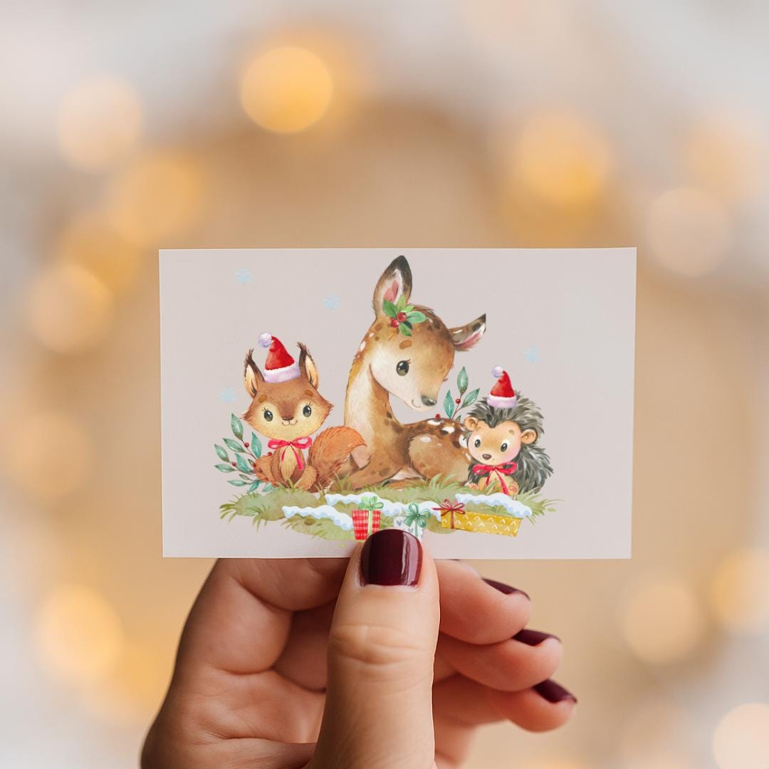 Bügelbild Weihnachten Tiere - Reh, Fuchs & Igel – DTF Bügelmotiv – für Weihnachtsshirt und Pullover – Weihnachtsmotiv Aquarell – Patches