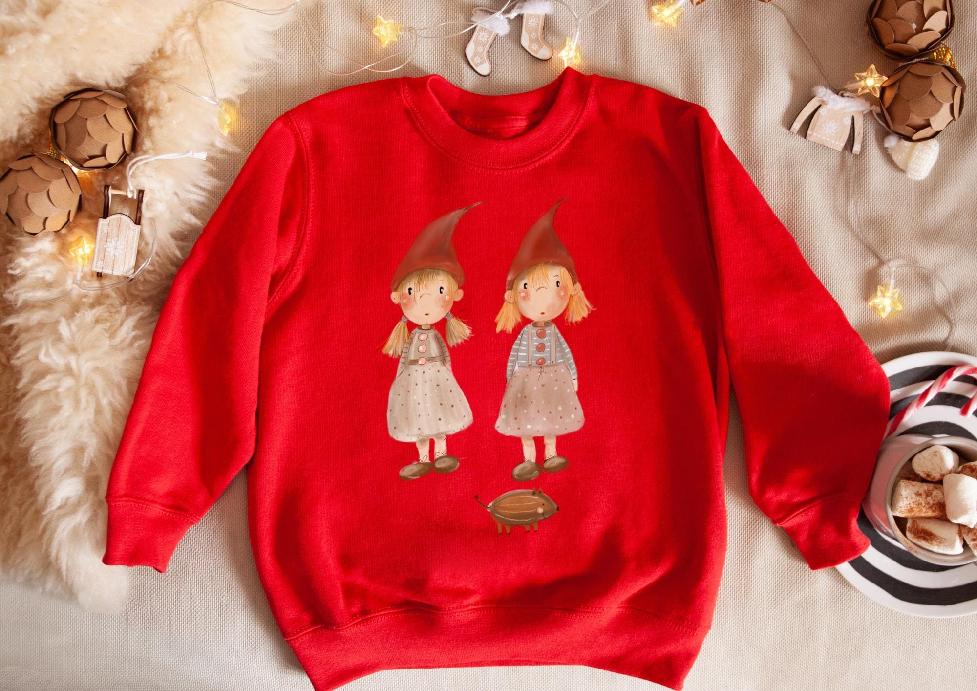 Bügelbild Wichtel Weihnachten - DTF Bügelmotiv im Aquarellstil – Wichtel für -Shirts & Pullover – Winterliches Weihnachtsmotiv – Patches