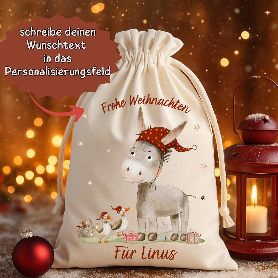Geschenksack Weihnachten - personalisiert mit Name – Esel mit Mütze – nachhaltiger Nikolaussack Kinder im Aquarellstil – Gift Wrapping