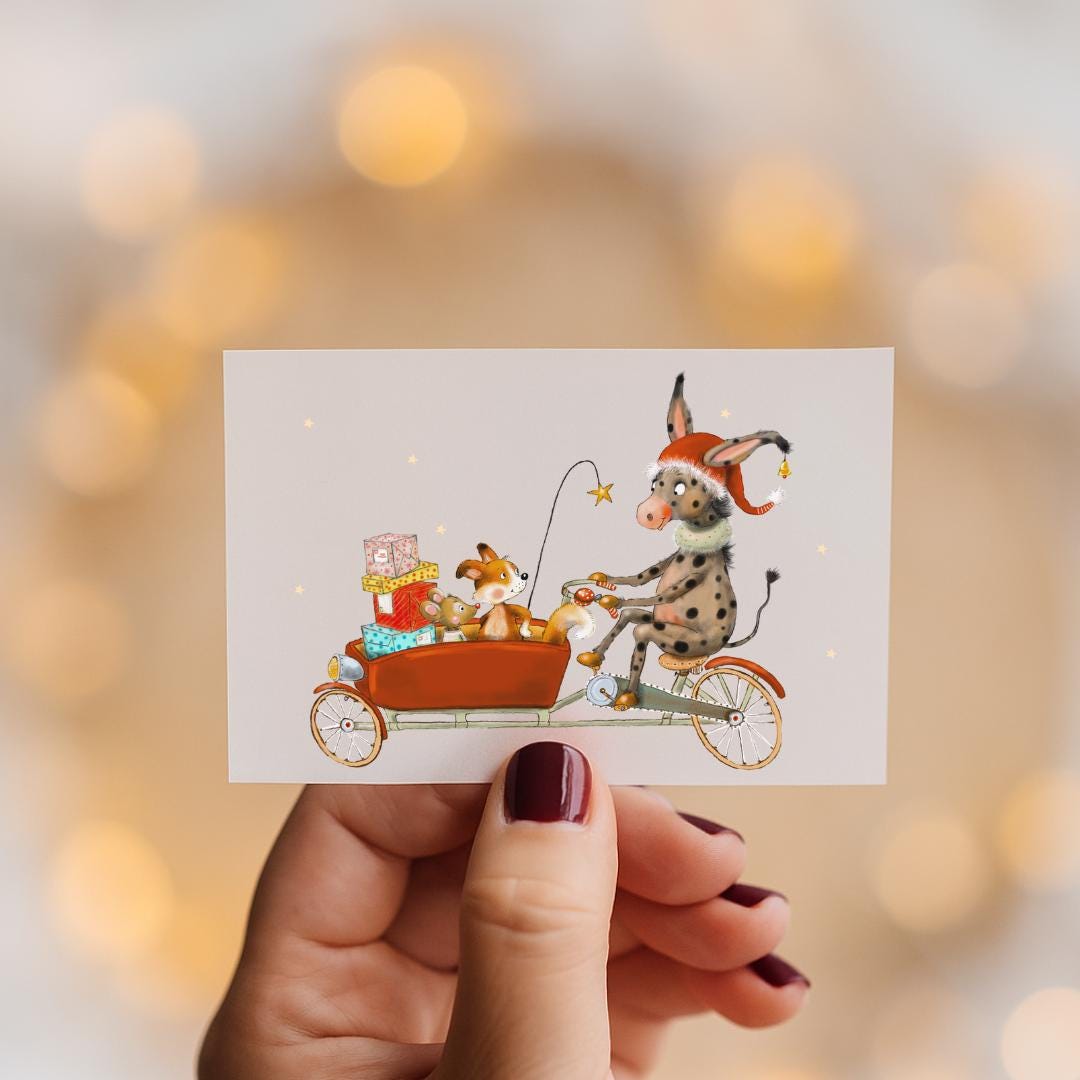 Bügelbild Weihnachten Tiere - Esel und Fuchs auf Fahrrad – DTF Bügelmotiv für -Shirts & Pullover – Weihnachtsmotiv – Patches