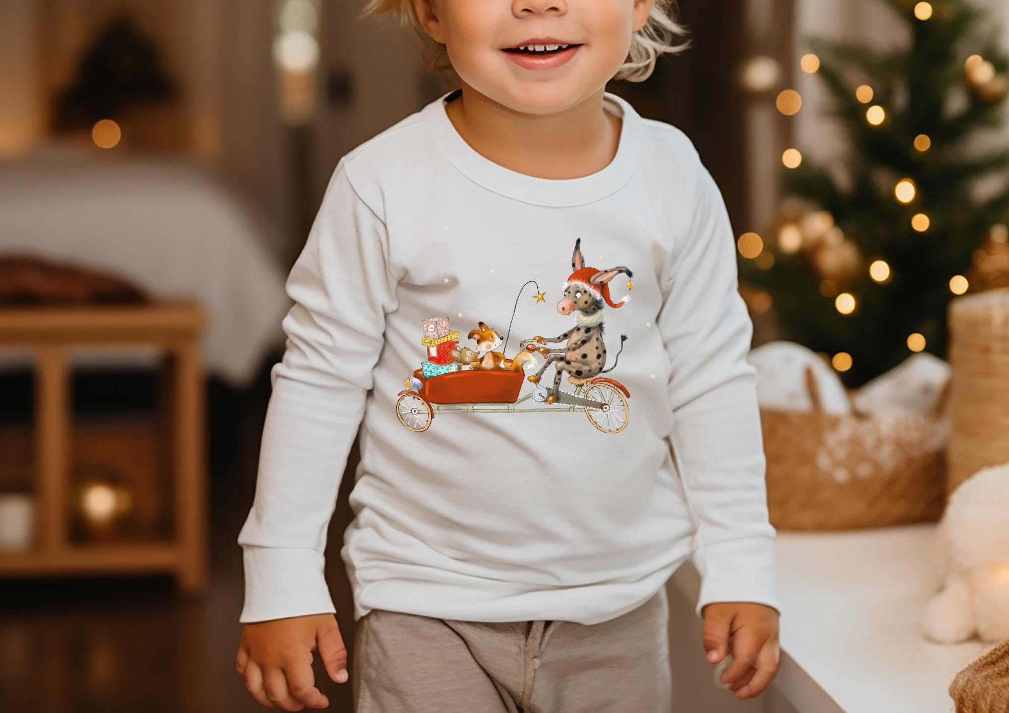 Bügelbild Weihnachten Tiere - Esel und Fuchs auf Fahrrad – DTF Bügelmotiv für -Shirts & Pullover – Weihnachtsmotiv – Patches