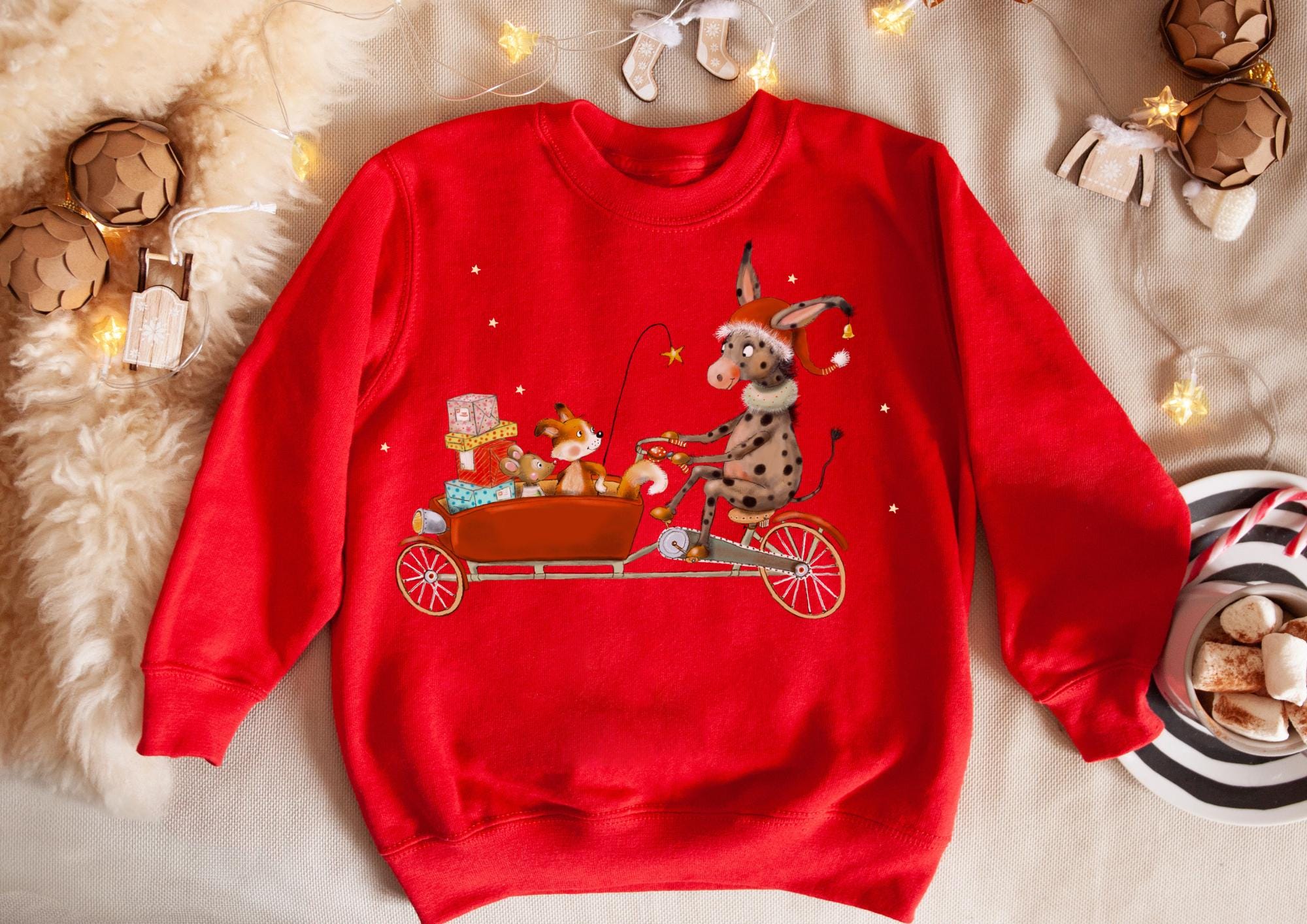 Bügelbild Weihnachten Tiere - Esel und Fuchs auf Fahrrad – DTF Bügelmotiv für -Shirts & Pullover – Weihnachtsmotiv – Patches