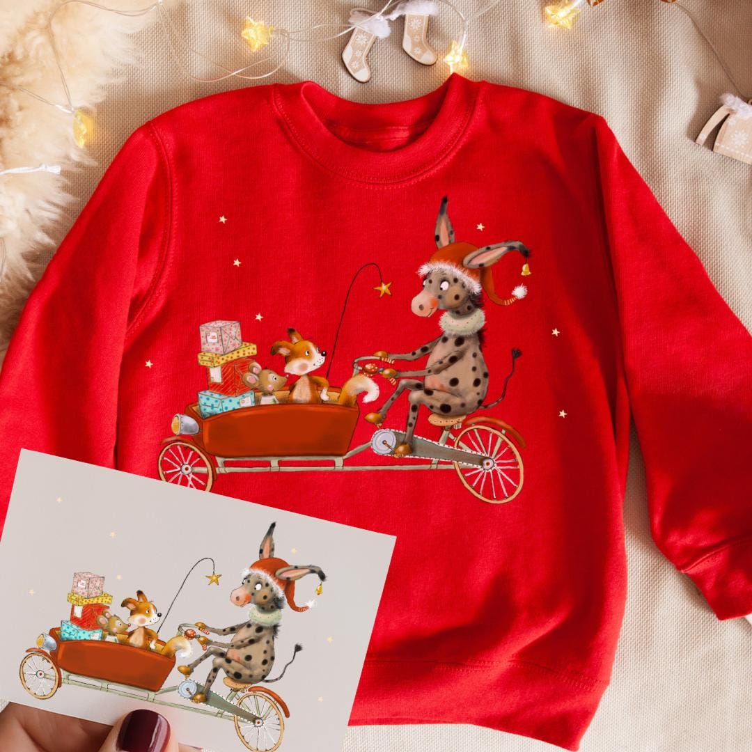 Bügelbild Weihnachten Tiere - Esel und Fuchs auf Fahrrad – DTF Bügelmotiv für -Shirts & Pullover – Weihnachtsmotiv – Patches