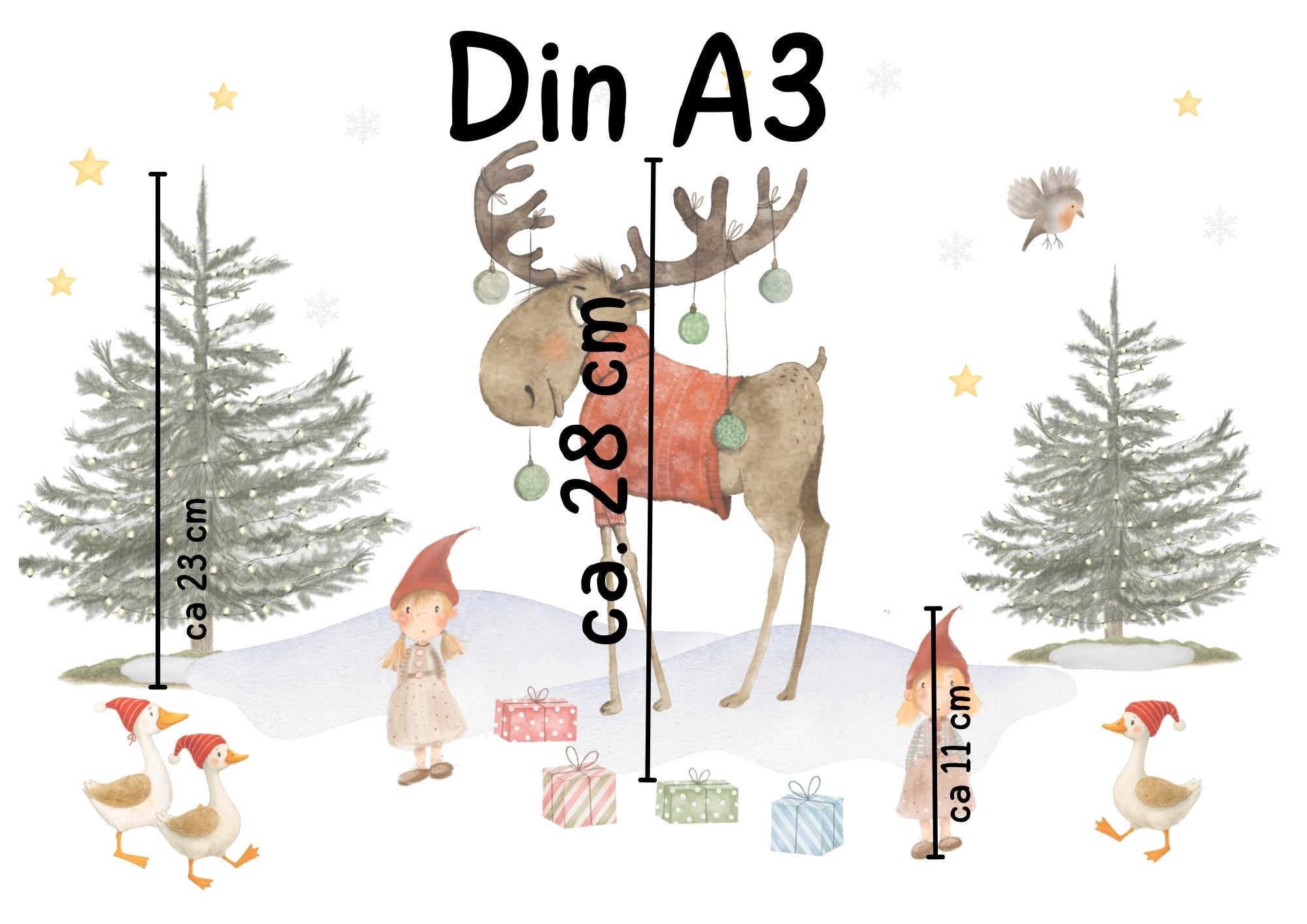 Fensterbild Weihnachten - Elch & Wichtel mit Geschenken – skandinavische Weihnachtsdeko - statisch haftend und wiederverwendbar –