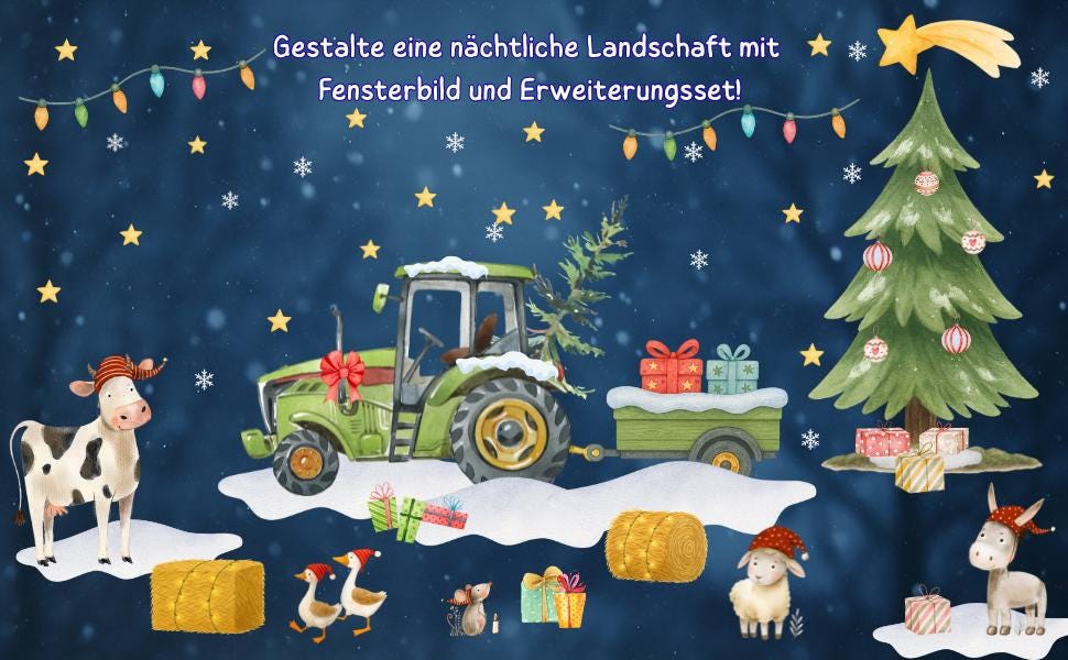 Fensterbild Weihnachten Traktor - Statisch haftend & wiederverwendbar – Weihnachtsdeko Fenster Bauernhof – Grüner Traktor mit Geschenken –