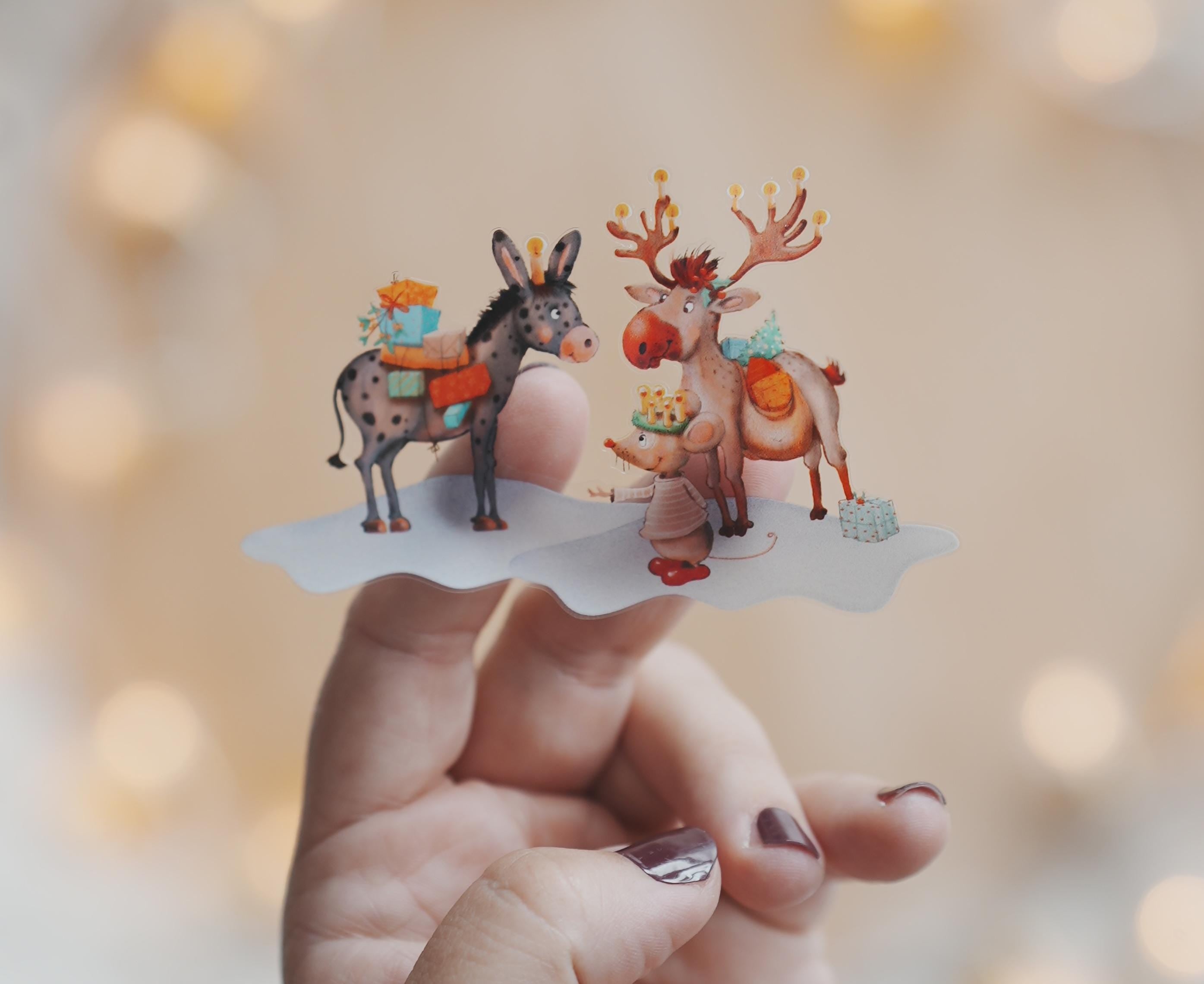 Wasserfeste Sticker Weihnachten - Dekosticker für Kerzengläser, Windlichtern Winterdeko – Aufkleber Glas mit Esel, Elch & Maus – Stickers