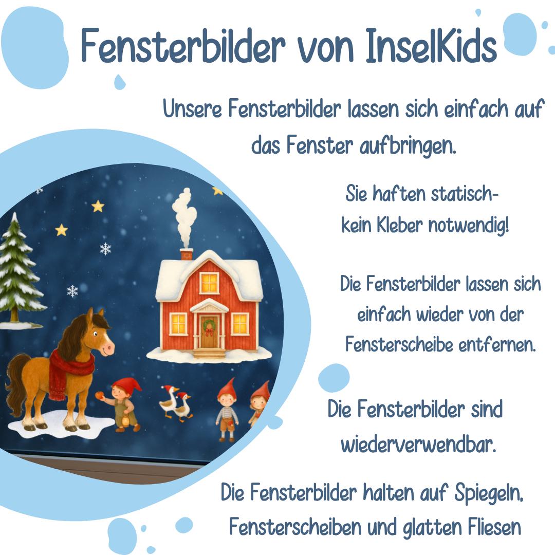Fensterbild Weihnachten - skandinavischer Hof mit Pferd & Wichteln – statisch haftend und wiederverwendbar – nordische Weihnachtsdeko –