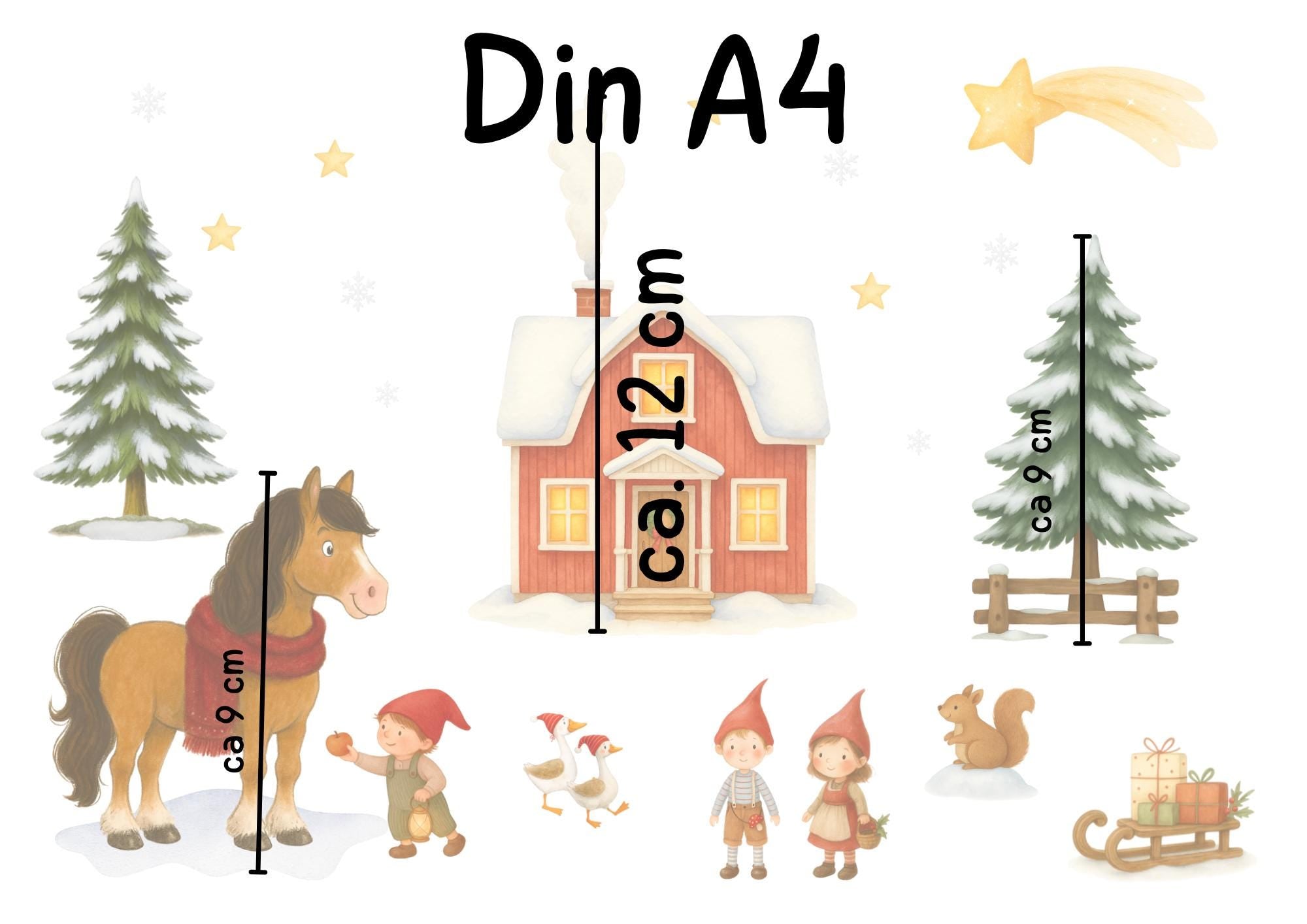 Fensterbild Weihnachten - skandinavischer Hof mit Pferd & Wichteln – statisch haftend und wiederverwendbar – nordische Weihnachtsdeko –