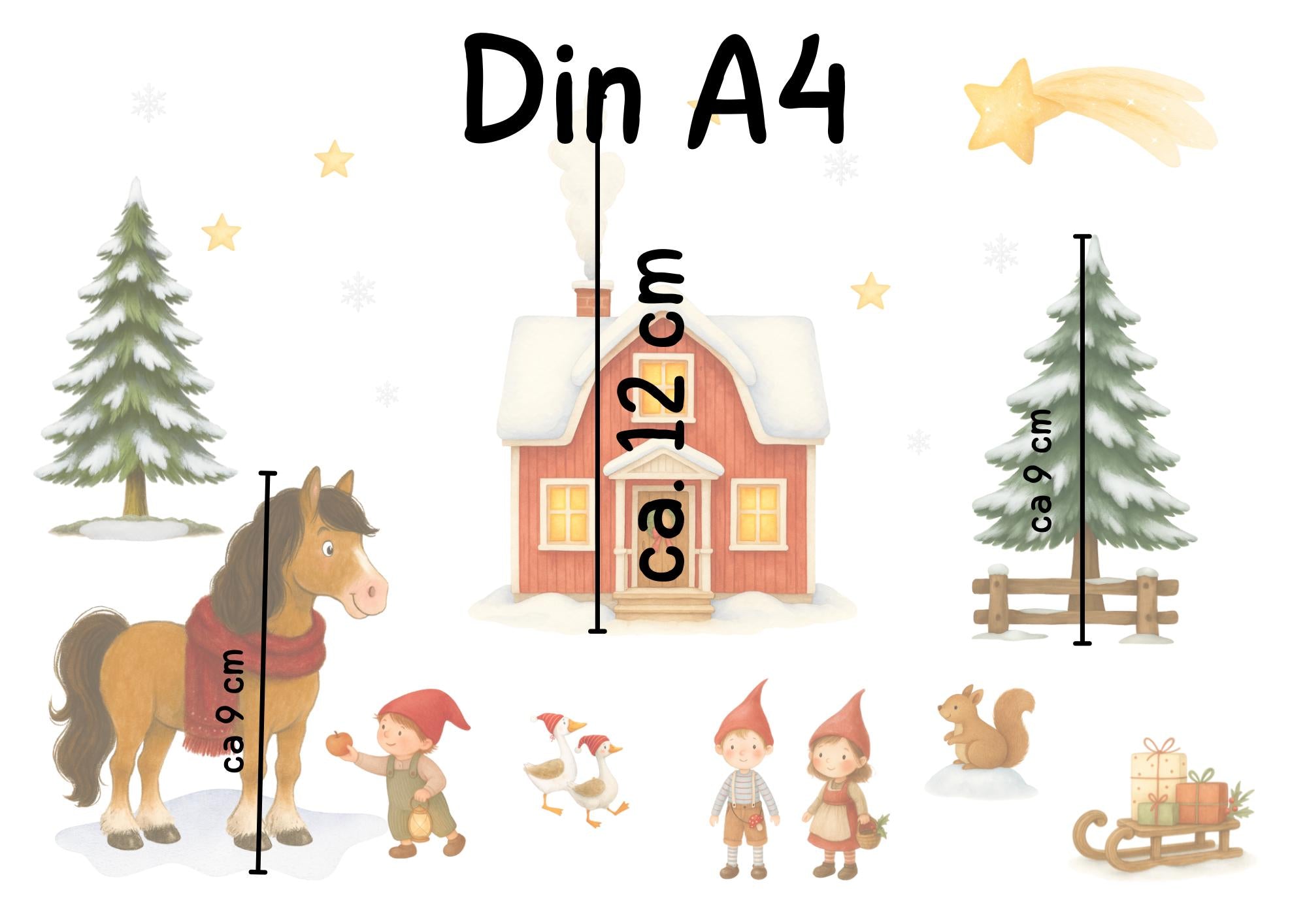 Fensterbild Weihnachten - skandinavischer Hof mit Pferd & Wichteln – statisch haftend und wiederverwendbar – nordische Weihnachtsdeko –