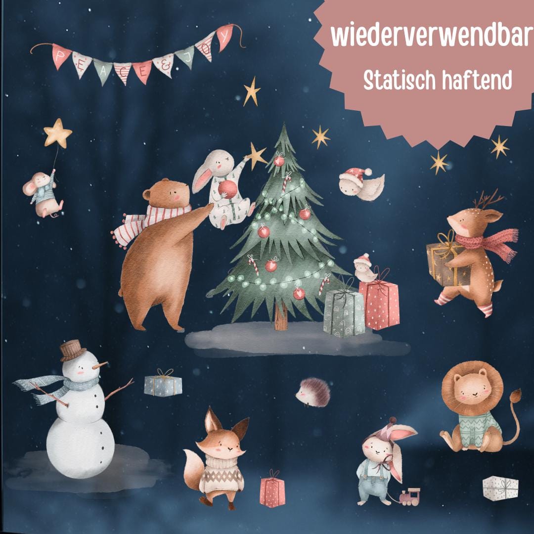 Fensterbild Weihnachten - Wintertiere mit Geschenken & Weihnachtsbaum – statisch haftend und wiederverwendbar –