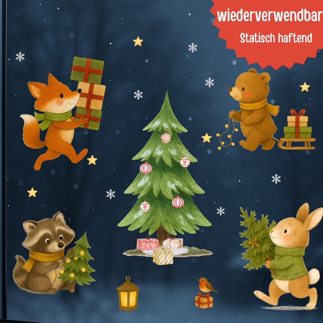 Fensterbild Weihnachten Tiere - statisch haftend & wiederverwendbar – Fensterdeko Tiere zimmer – Weihnachtsdeko Fenster –