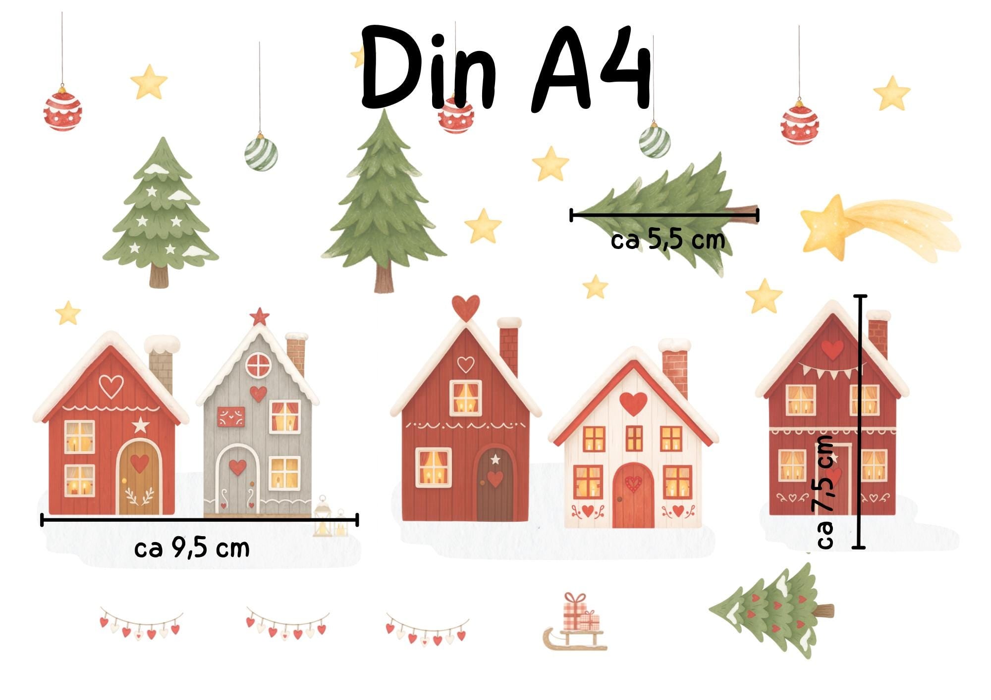 Fensterbild Weihnachten - skandinavische Häuserreihe mit Tannen – statisch haftend & wiederverwendbar – nordische Weihnachtsdeko –