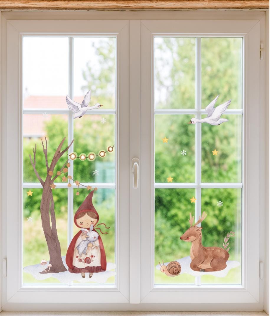 Fensterbild Weihnachten Märchen - statisch haftend & wiederverwendbar – märchenhafte Weihnachtsdeko Fenster mit Reh und Wintermotiv –