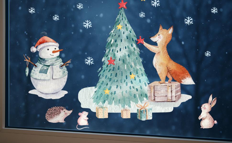 Fensterbild Weihnachten Fuchs & Schneemann - statisch haftend und wiederverwendbar – winterliche Fensterdeko mit Tannenbaum –