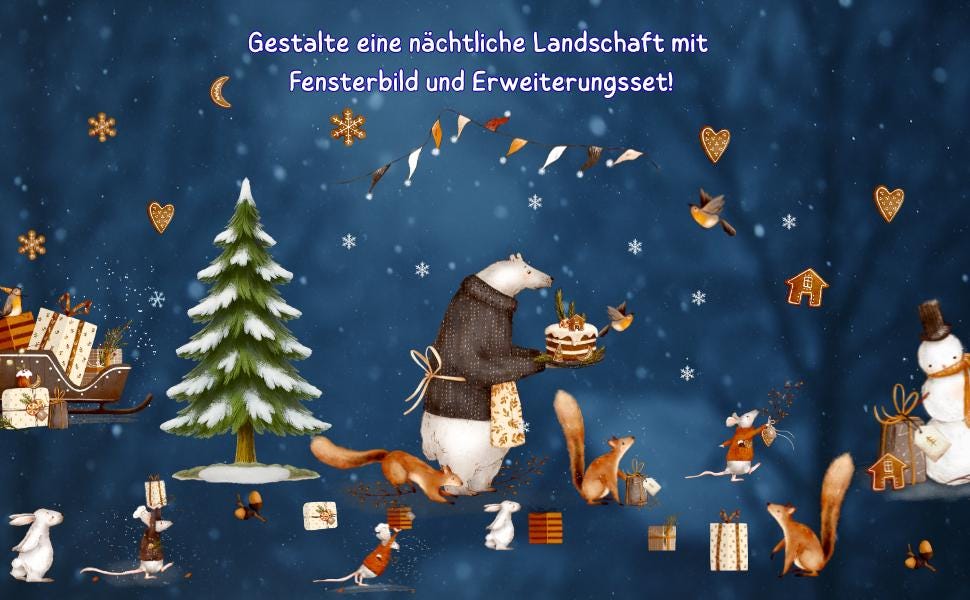 Fensterbild Weihnachten Bär - statisch haftend & wiederverwendbar – Winterwald Deko mit Maus, Eichhörnchen –