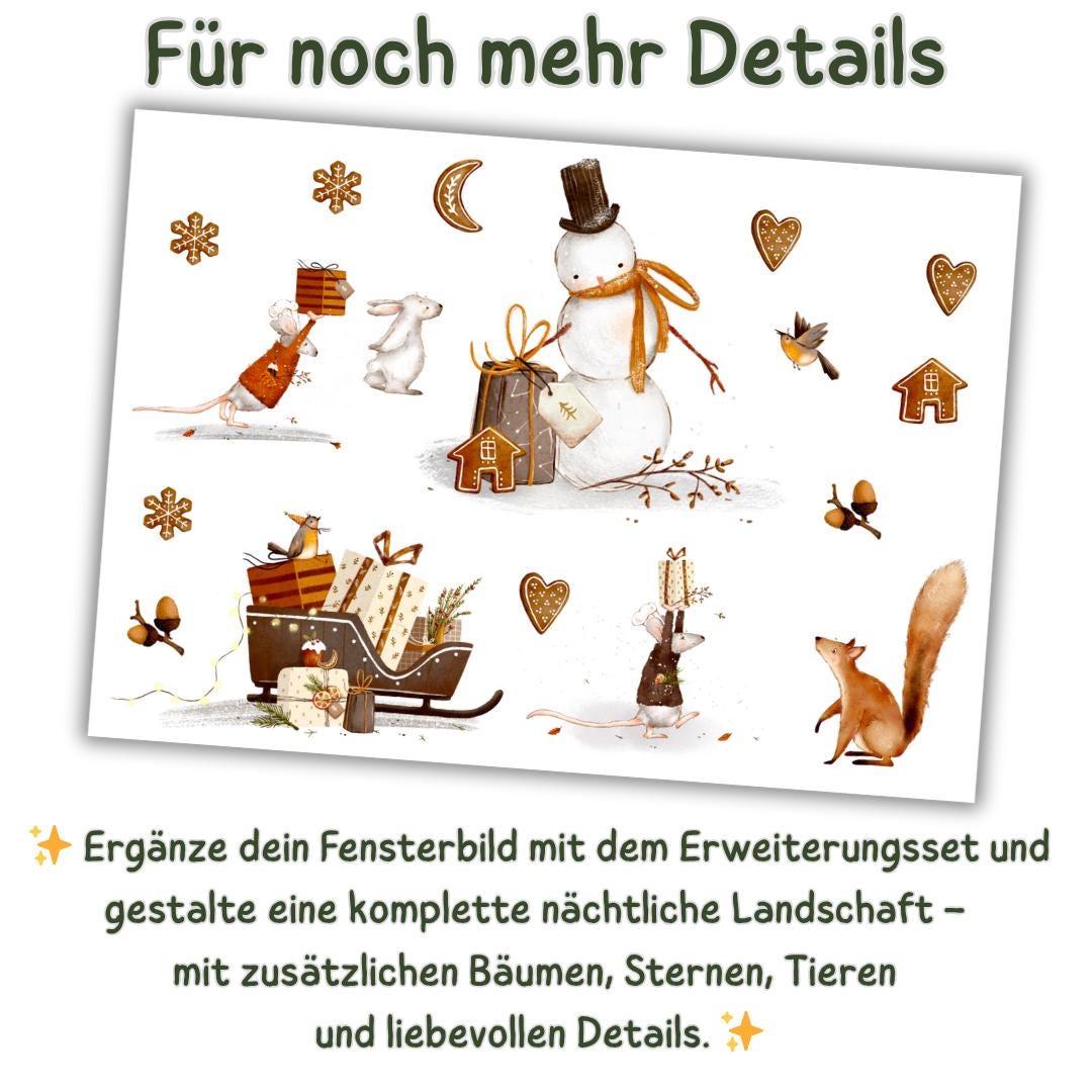 Fensterbild Weihnachten Bär - statisch haftend & wiederverwendbar – Winterwald Deko mit Maus, Eichhörnchen –