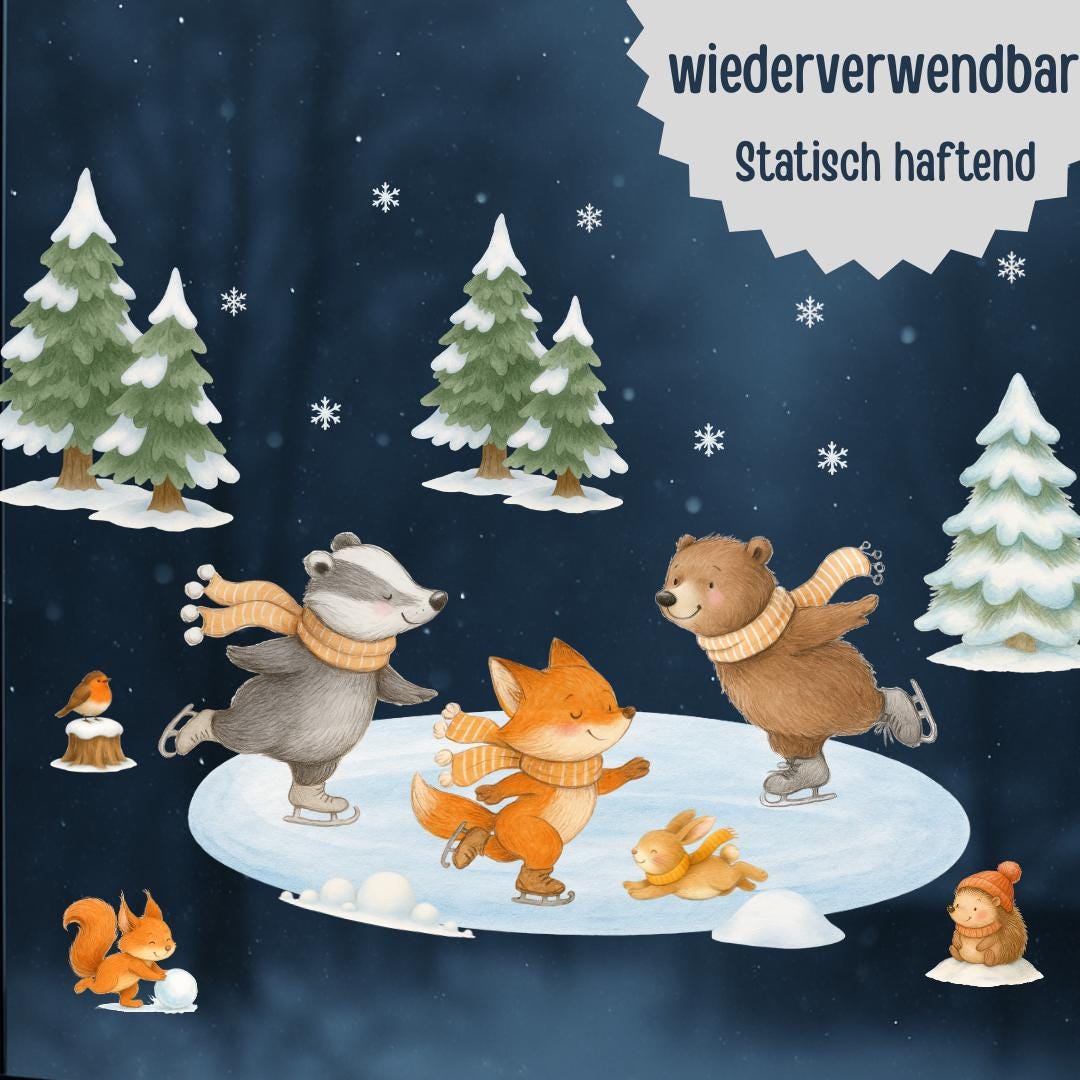 Fensterbild Wintertiere - Bär, Fuchs & Dachs beim Eislaufen – statisch haftend und wiederverwendbar – winterliche Fensterdeko –