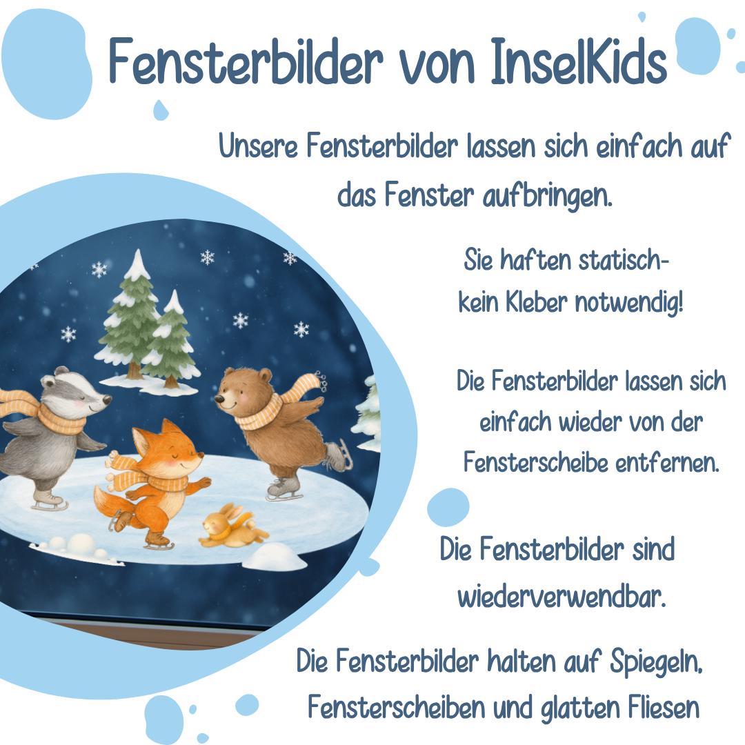 Fensterbild Wintertiere - Bär, Fuchs & Dachs beim Eislaufen – statisch haftend und wiederverwendbar – winterliche Fensterdeko –