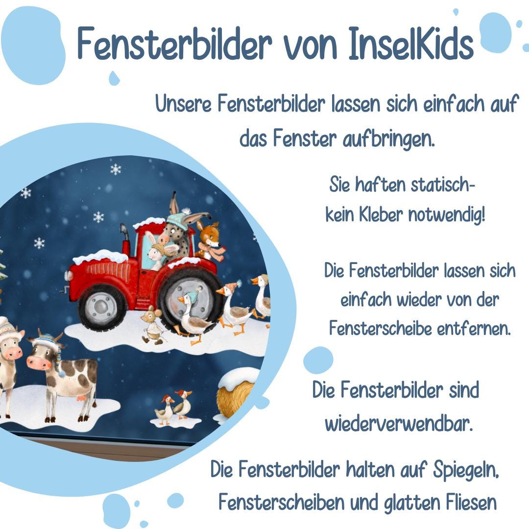 Fensterbild Winter Bauernhof - mit Traktor & Bauernhoftieren – statisch haftend und wiederverwendbar – winterliche Fensterdeko –