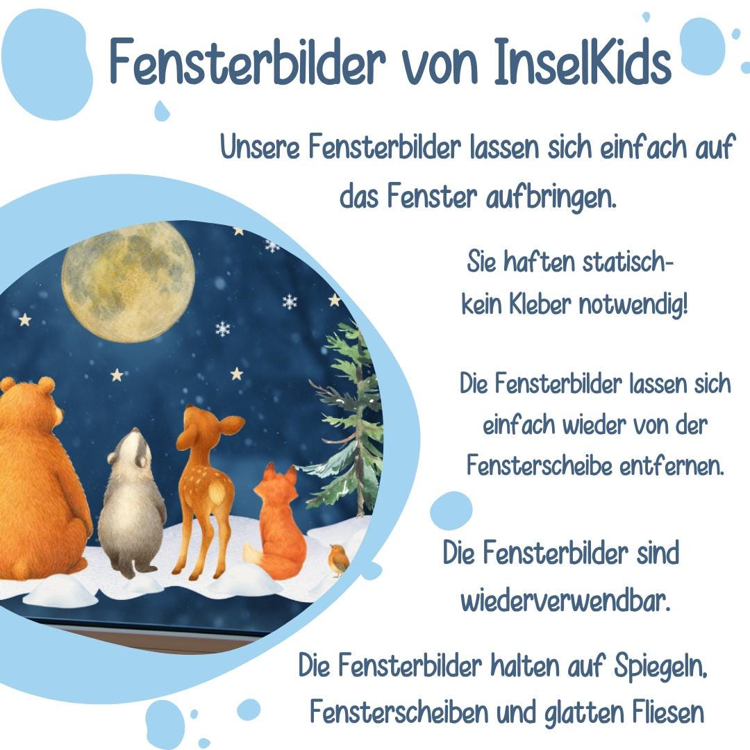 Fensterbild Winterwald Tiere - Bär, Reh & Fuchs unter dem Mond – statisch haftend und wiederverwendbar – winterliche Fensterdeko –