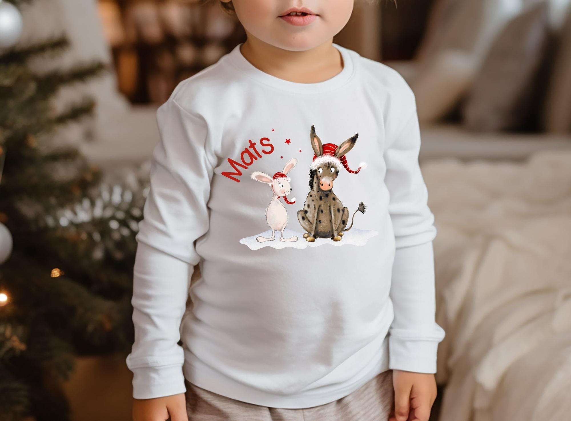 Weihnachtsshirt - Esel & Hase mit Weihnachtsmützen – personalisiert mit Name – Langarmshirt Weihnachten und – T-shirts