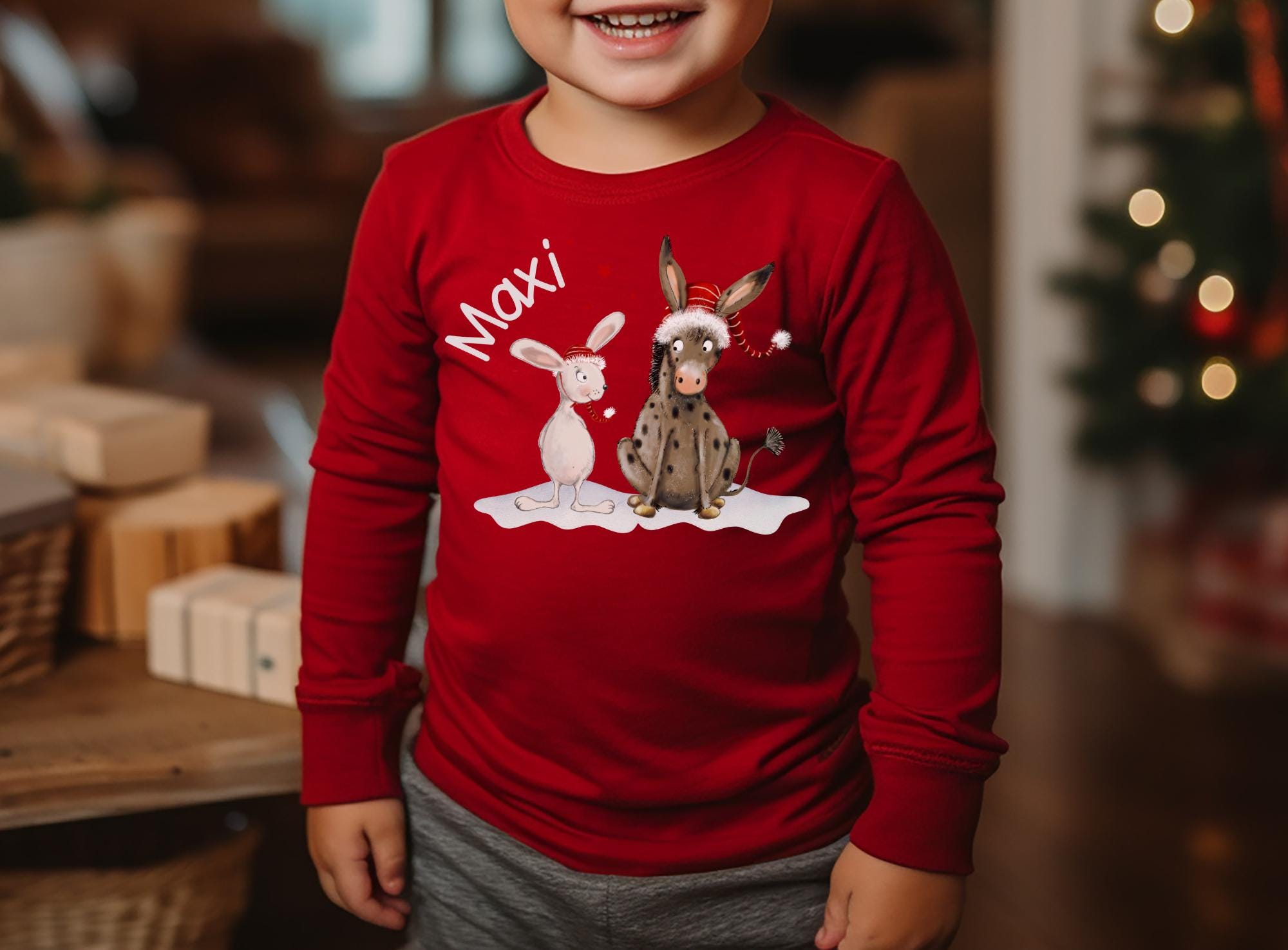 Weihnachtsshirt Kinder - Esel & Hase mit Weihnachtsmützen – personalisiert mit Name – Langarmshirt Weihnachten Junge und Mädchen – T-shirts