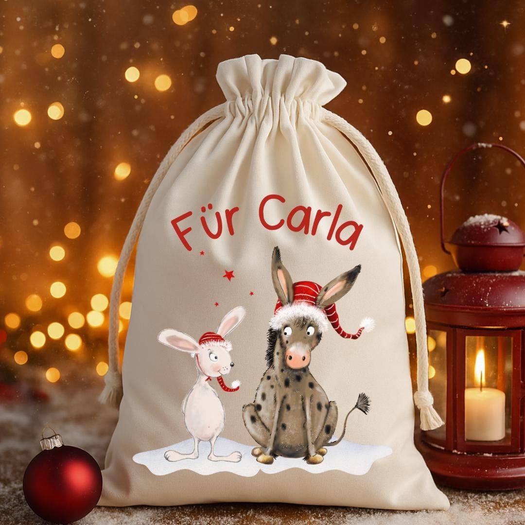 Geschenksack Weihnachten - personalisiert mit Name – Esel & Hase mit Mützen – nachhaltiger Nikolaussack Kinder im Aquarellstil – Gift Wrapping
